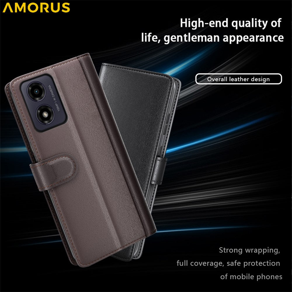 AMORUS Stand Case for Motorola Moto E14 4G / G04 4G / G04s 4G / G24 4G Calf Texture Genuine Split Leather Wallet Phone Cover