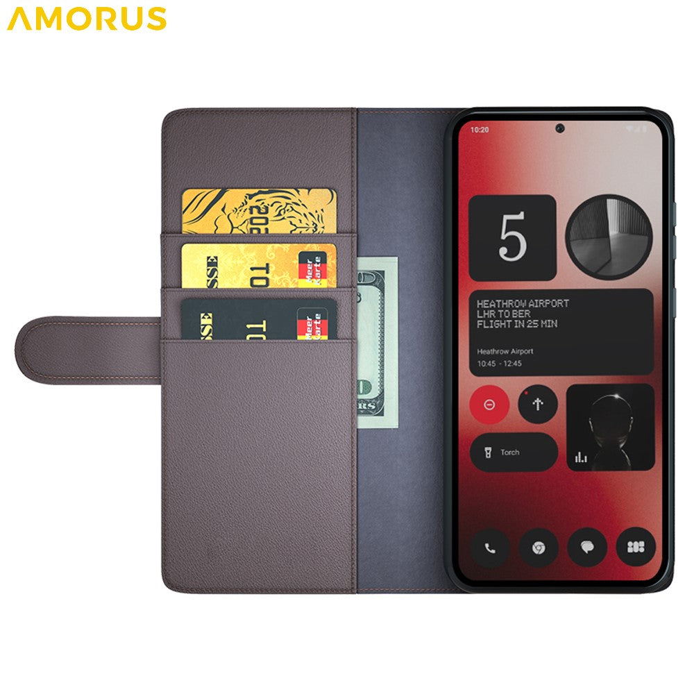 AMORUS For Nothing Phone (2a) Plus / (2a) Stand Cases Calf Texture Genuine Split Leather Wallet Phone Cover
