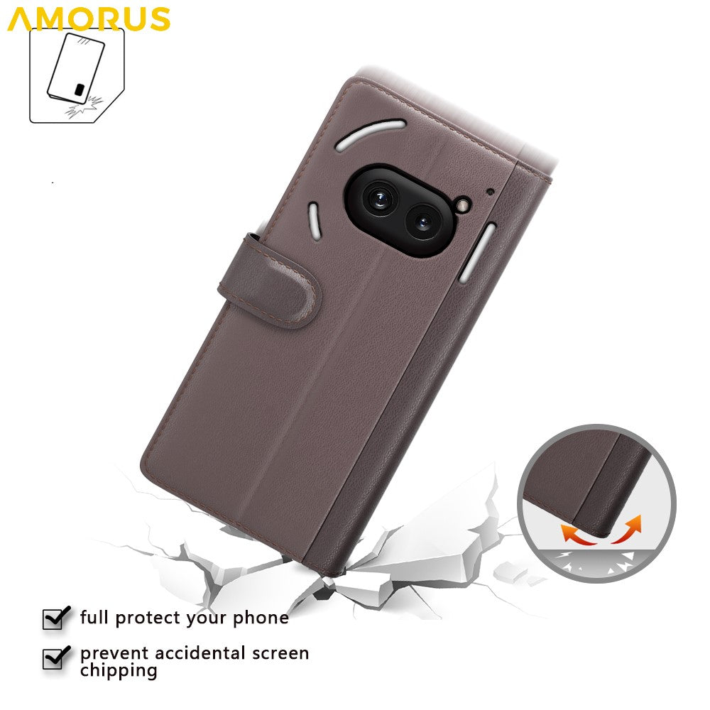 AMORUS For Nothing Phone (2a) Plus / (2a) Stand Cases Calf Texture Genuine Split Leather Wallet Phone Cover