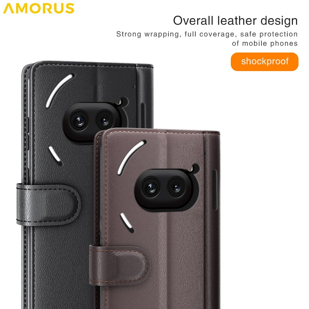 AMORUS For Nothing Phone (2a) Plus / (2a) Stand Cases Calf Texture Genuine Split Leather Wallet Phone Cover