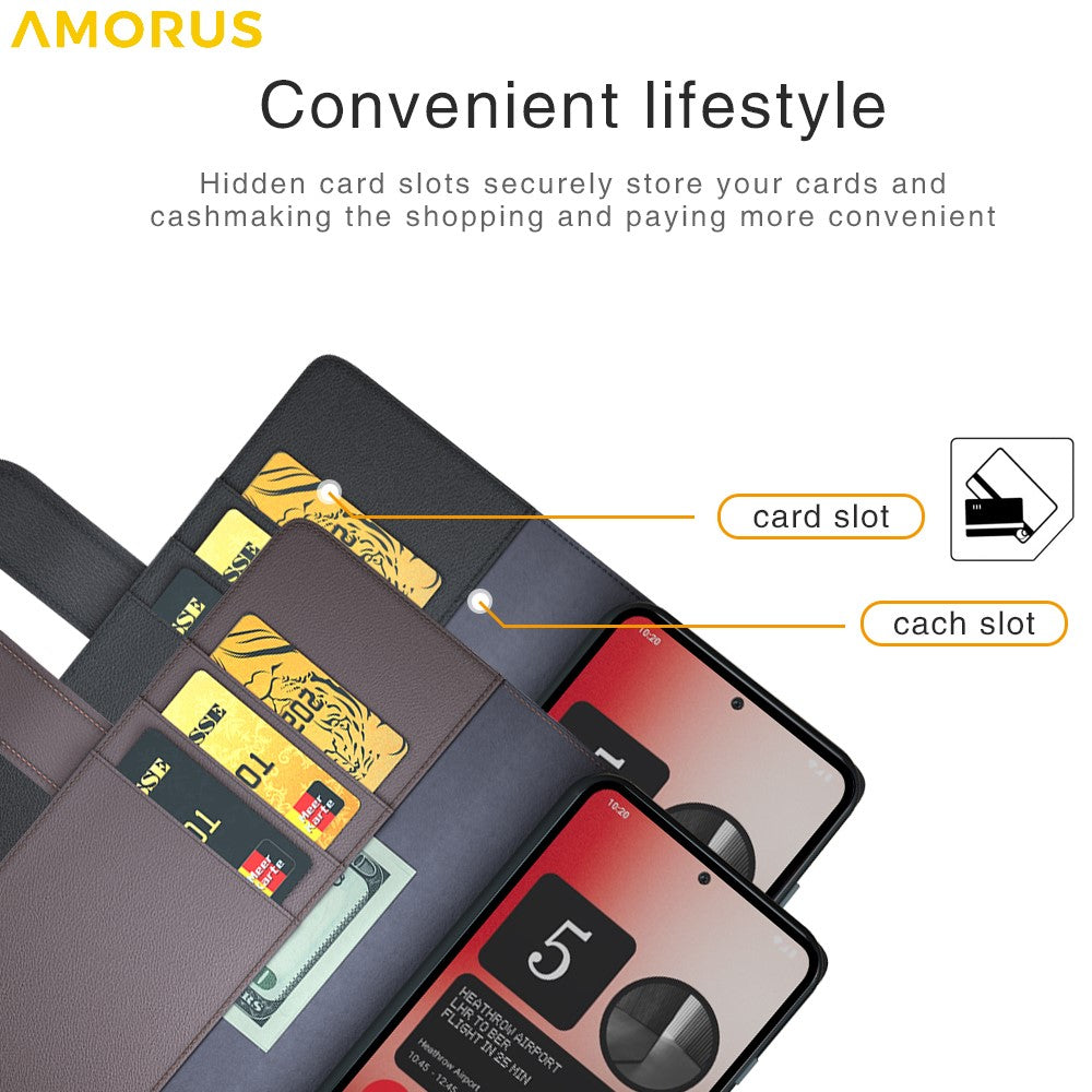 AMORUS For Nothing Phone (2a) Plus / (2a) Stand Cases Calf Texture Genuine Split Leather Wallet Phone Cover
