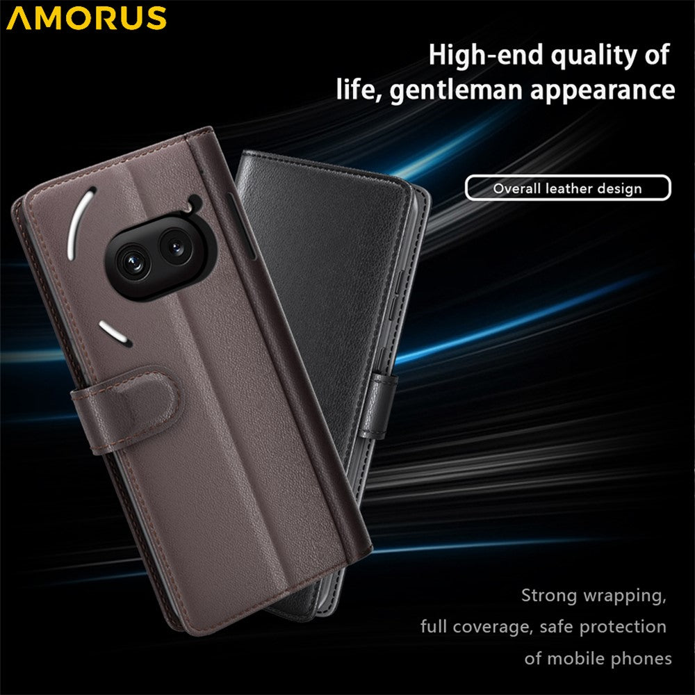 AMORUS For Nothing Phone (2a) Plus / (2a) Stand Cases Calf Texture Genuine Split Leather Wallet Phone Cover