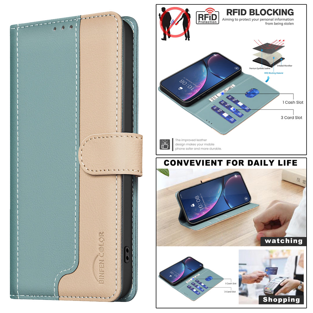 For Honor X7d 5G / Honor X7d 4G Leather Case BINFEN COLOR Splicing Color RFID Blocking Wallet Stand Phone Cover