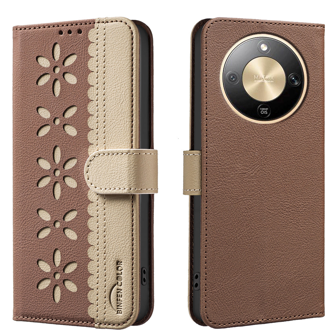 Étui en cuir pour Honor X9d 5G BINDEN COLOR BF36 à motif floral avec protection RFID et support portefeuille
