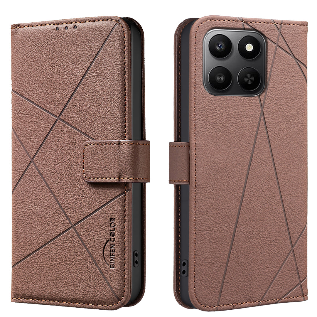 For Honor X7d 5G / Honor X7d 4G Case BINFEN COLOR BF35 Geometry Imprinted Leather Phone Cover RFID Blocking Wallet Stand