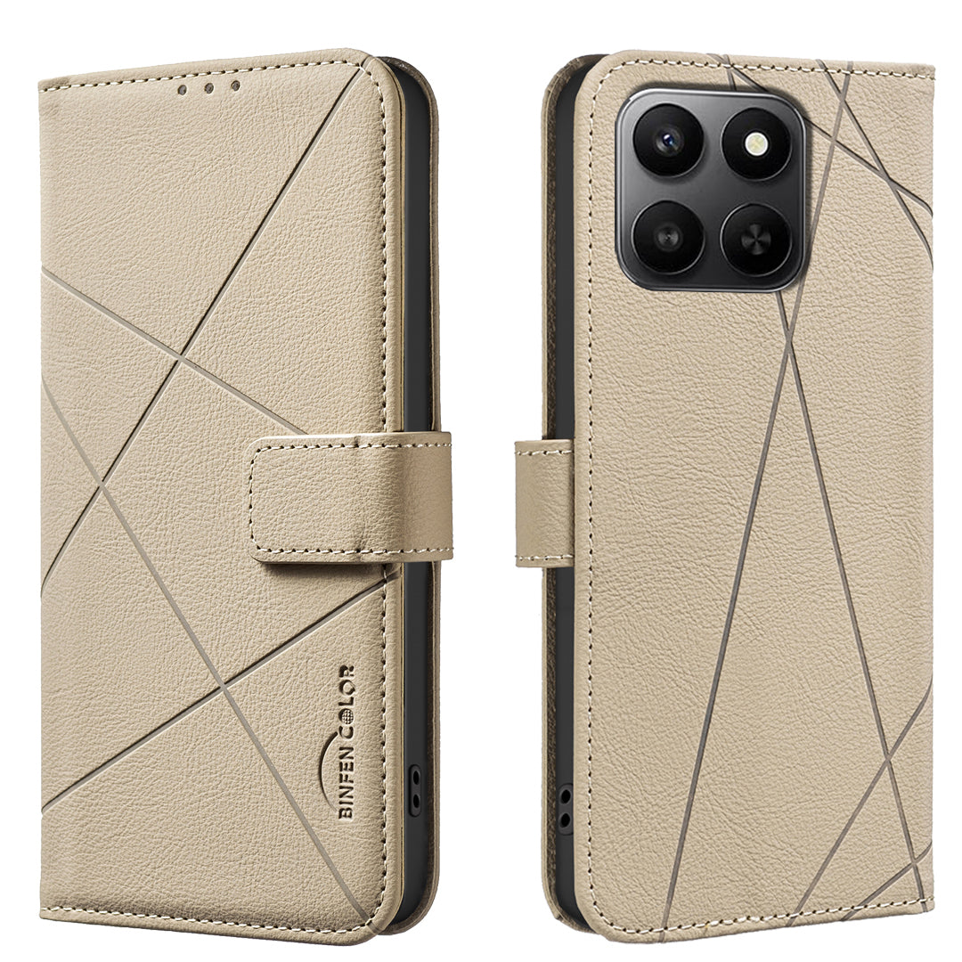 For Honor X7d 5G / Honor X7d 4G Case BINFEN COLOR BF35 Geometry Imprinted Leather Phone Cover RFID Blocking Wallet Stand