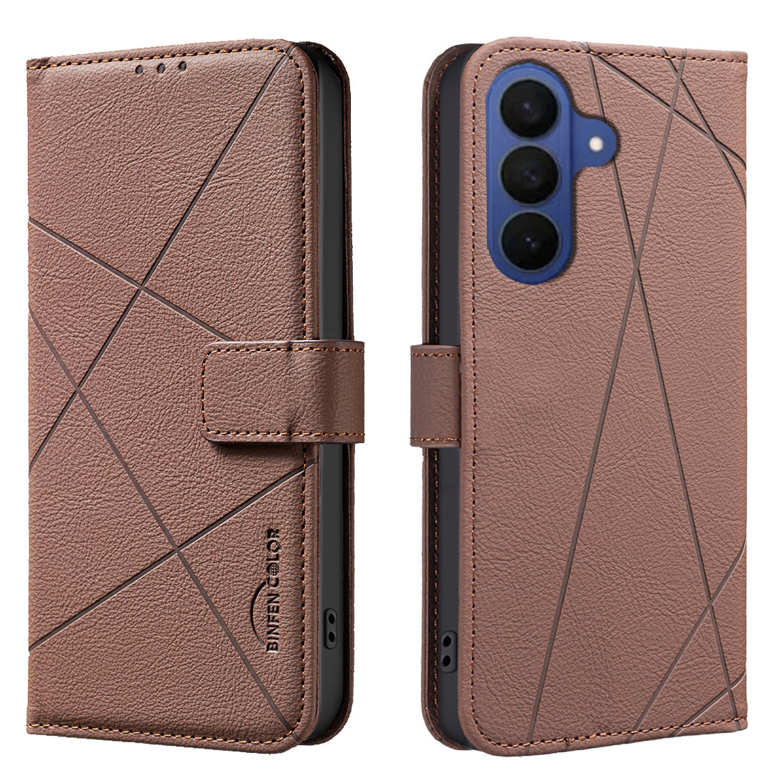 For Samsung Galaxy S26 Pro Case BINFEN COLOR BF35 Geometry Imprinted Leather Phone Cover RFID Blocking Wallet Stand
