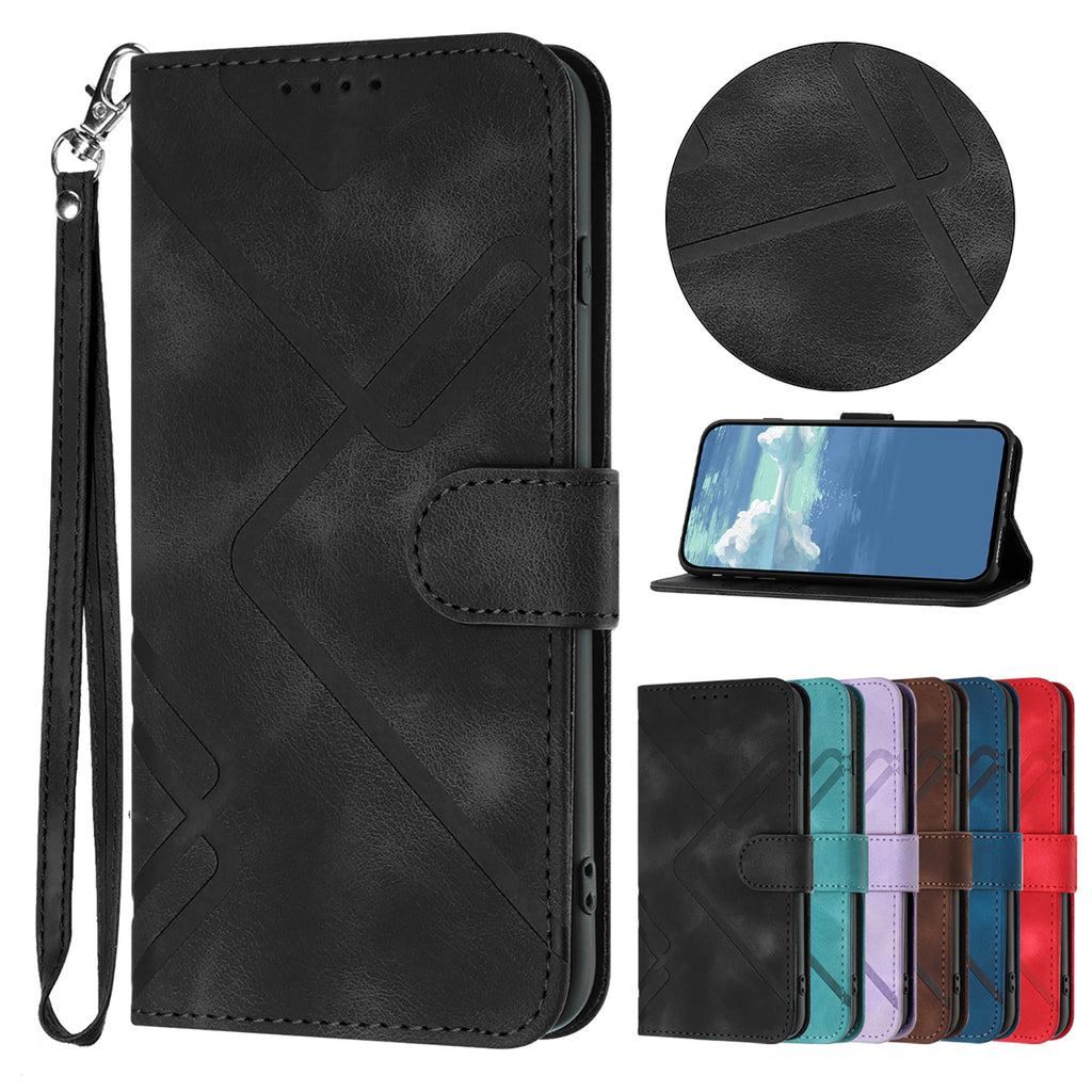For Samsung Galaxy S26 Edge Wallet Case Line Imprinted PU Leather Phone Cover with Strap
