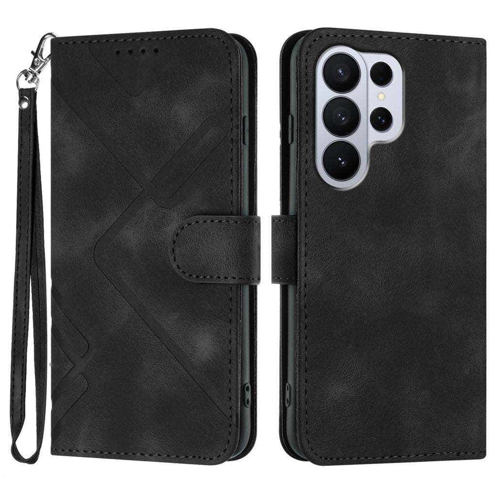 For Samsung Galaxy S26 Ultra Wallet Case Line Imprinted PU Leather Phone Cover with Strap