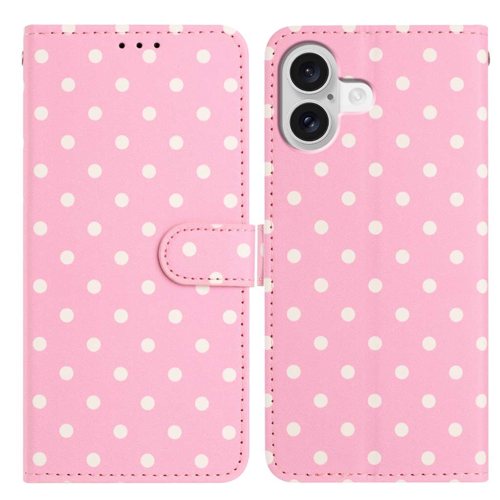 Funda tipo cartera con soporte y estampado de lunares para iPhone 16 Plus.