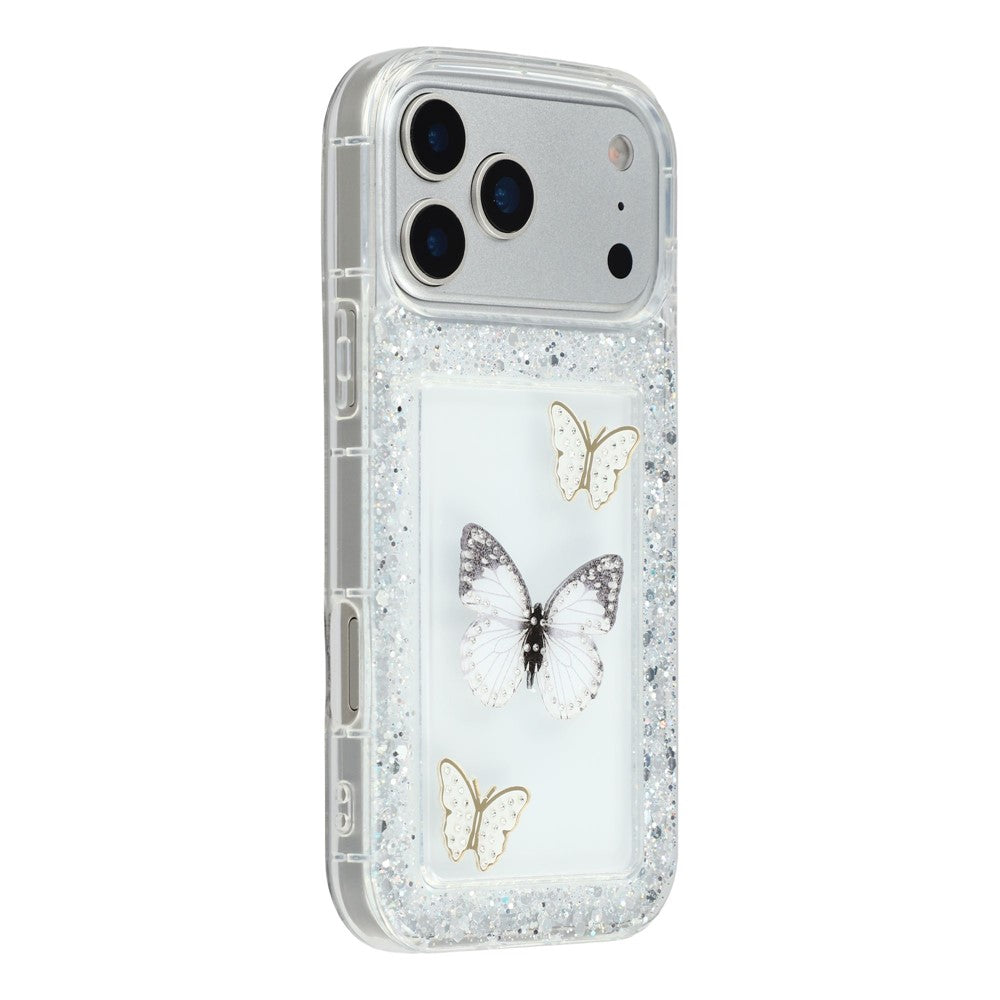 Coque pour iPhone 17 Pro Max, motif papillon pailleté, en résine époxy et TPU souple, pour une protection arrière personnalisée.