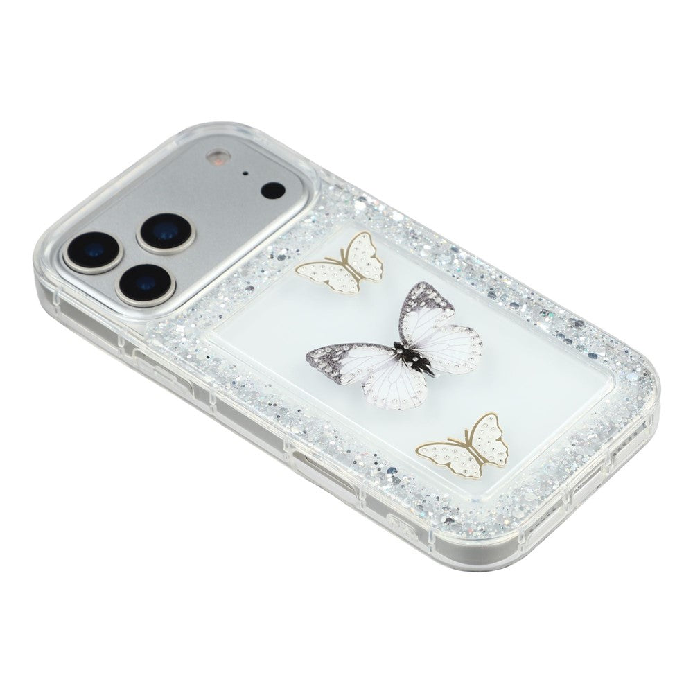 Coque pour iPhone 17 Pro Max, motif papillon pailleté, en résine époxy et TPU souple, pour une protection arrière personnalisée.