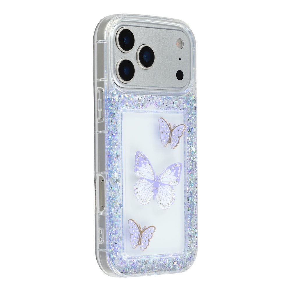 Coque pour iPhone 17 Pro Max, motif papillon pailleté, en résine époxy et TPU souple, pour une protection arrière personnalisée.