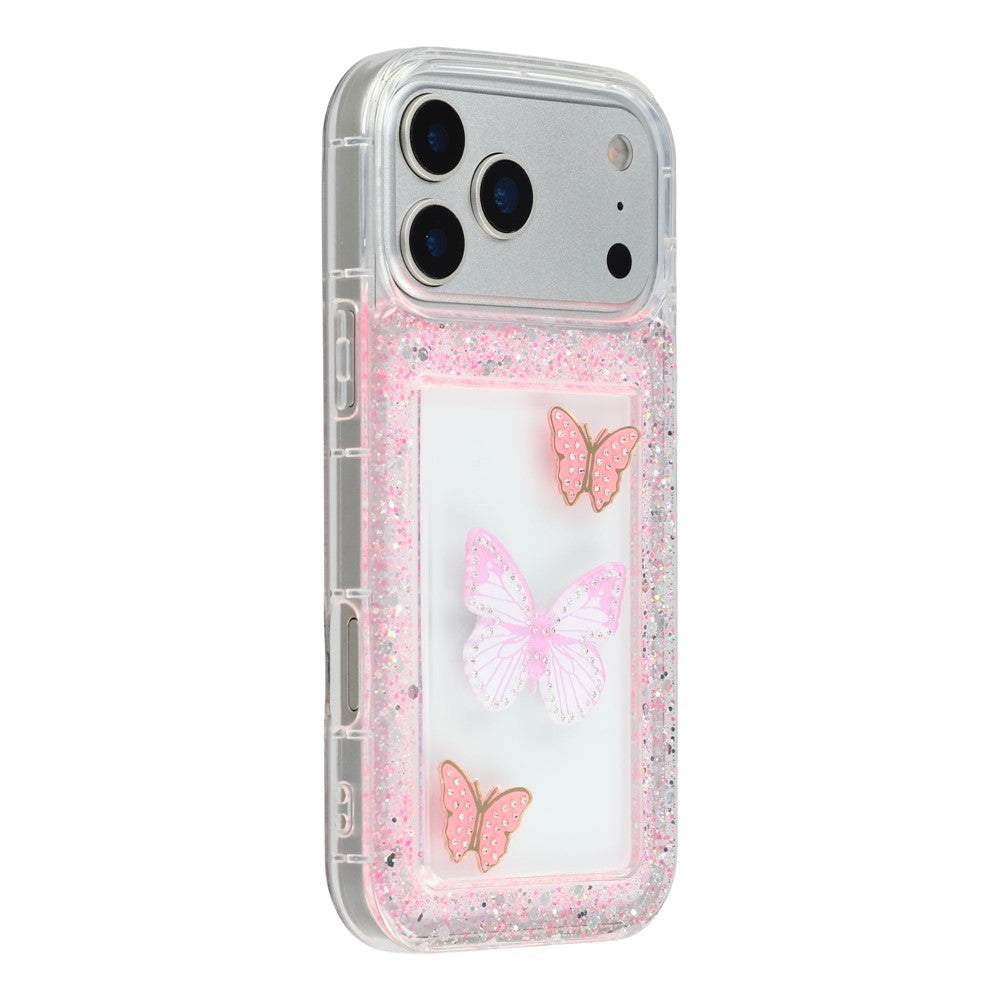Coque pour iPhone 17 Pro Max, motif papillon pailleté, en résine époxy et TPU souple, pour une protection arrière personnalisée.