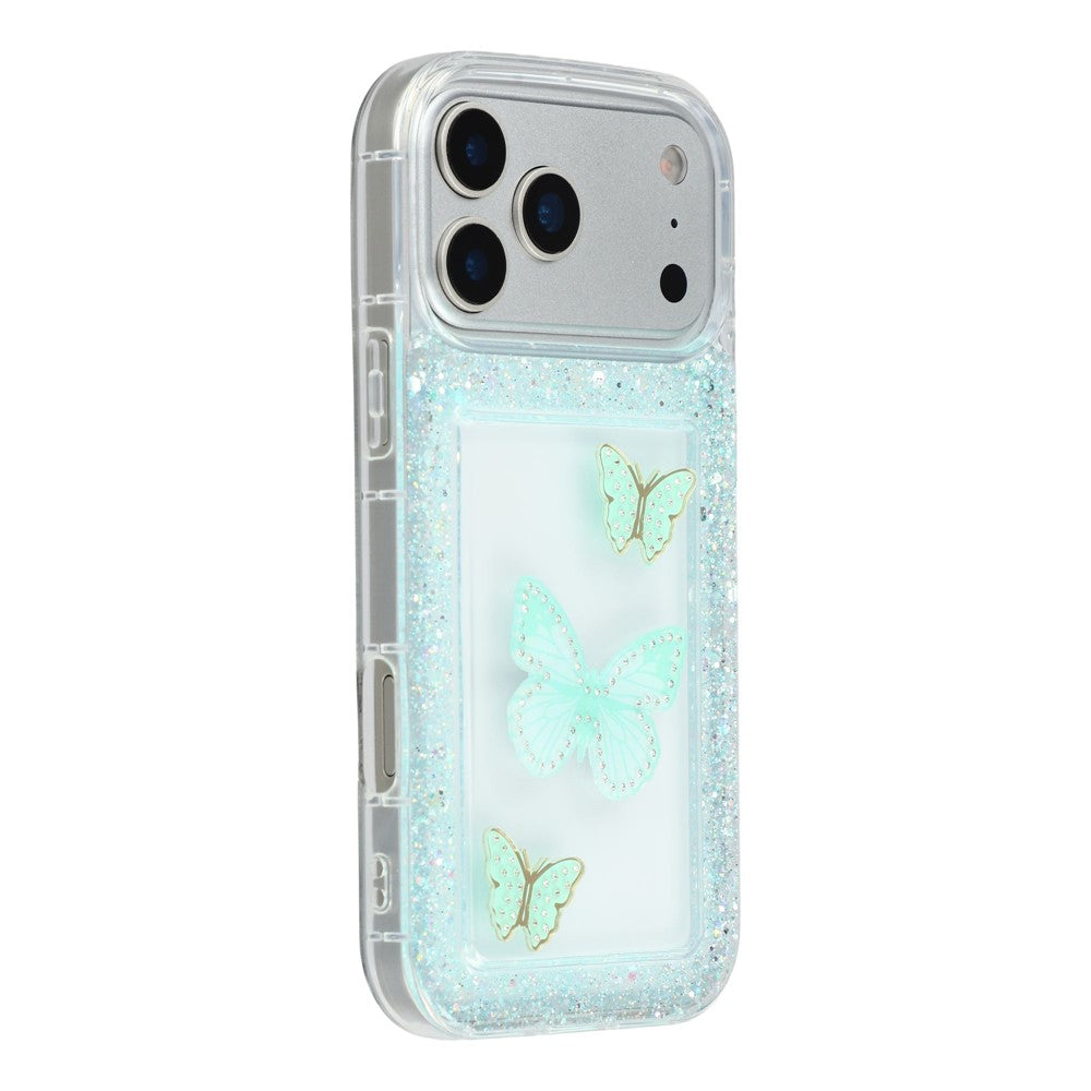 Coque pour iPhone 17 Pro Max, motif papillon pailleté, en résine époxy et TPU souple, pour une protection arrière personnalisée.