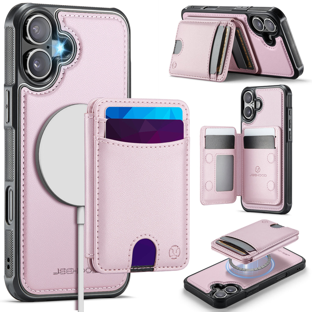 For iPhone 16 Case JEEHOOD J10  Compatible with MagSafe Leather Back Phone Cover with Detachable Card Holder Kickstand