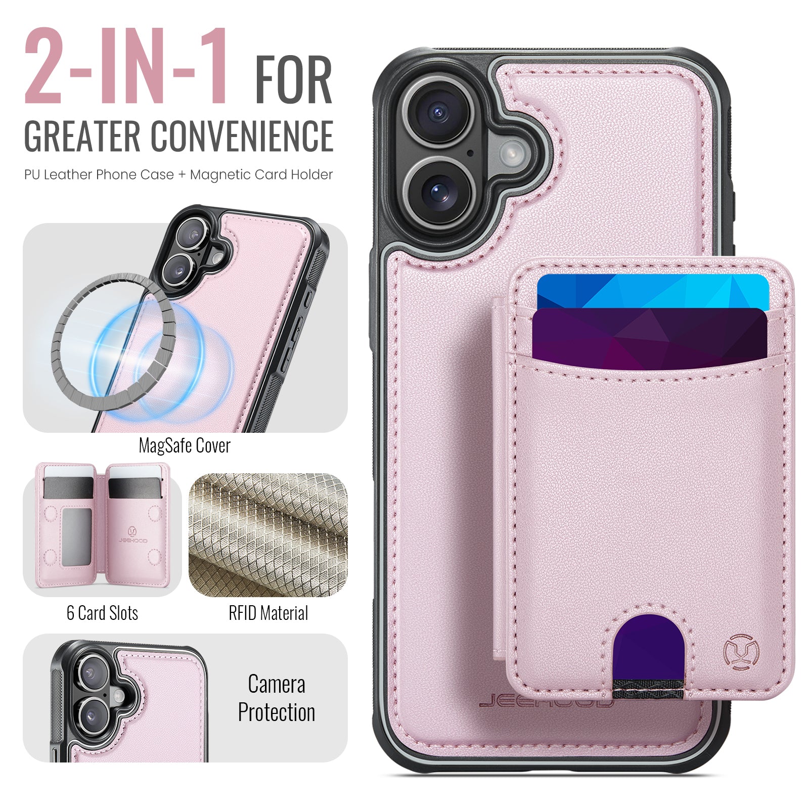 For iPhone 16 Case JEEHOOD J10  Compatible with MagSafe Leather Back Phone Cover with Detachable Card Holder Kickstand