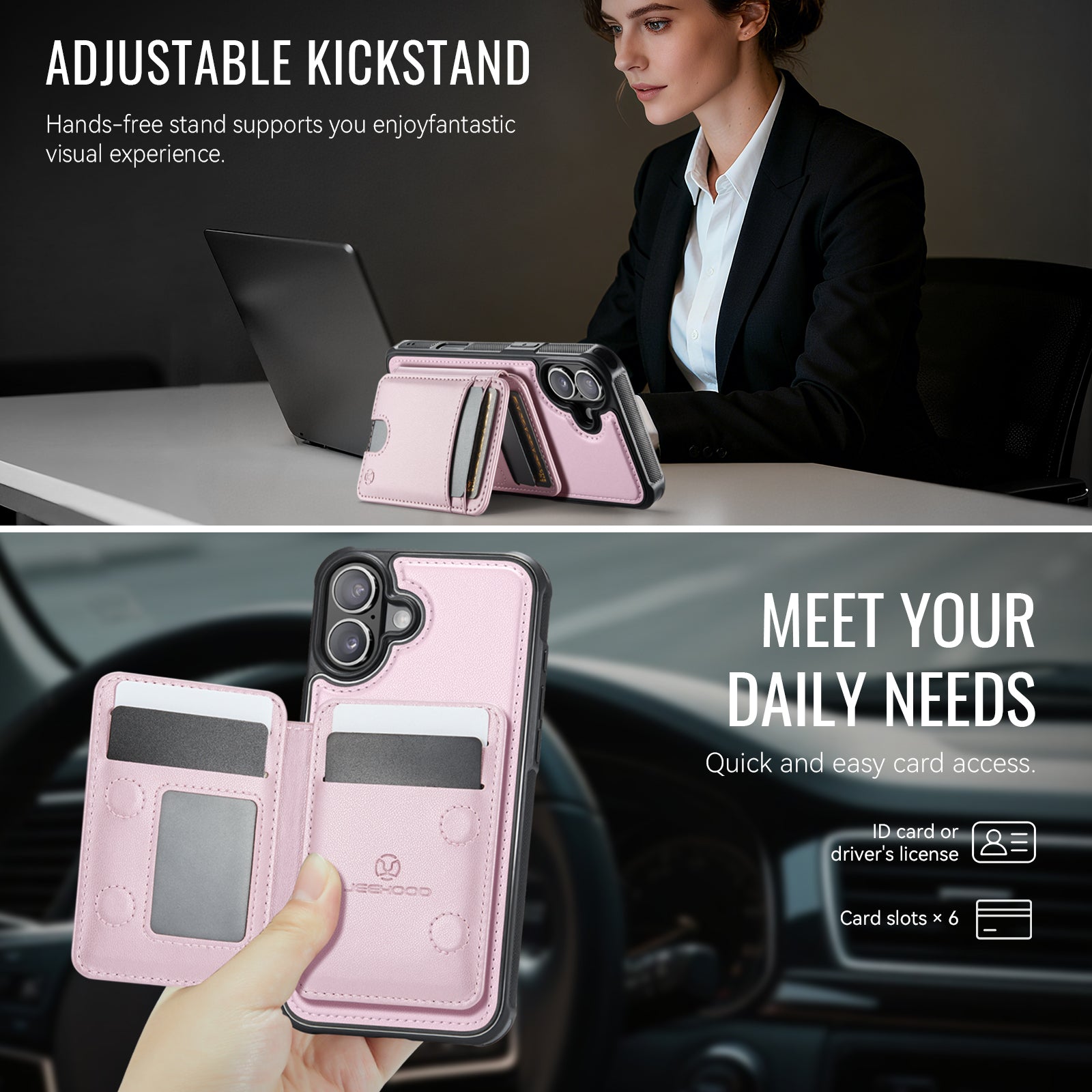 For iPhone 16 Case JEEHOOD J10  Compatible with MagSafe Leather Back Phone Cover with Detachable Card Holder Kickstand