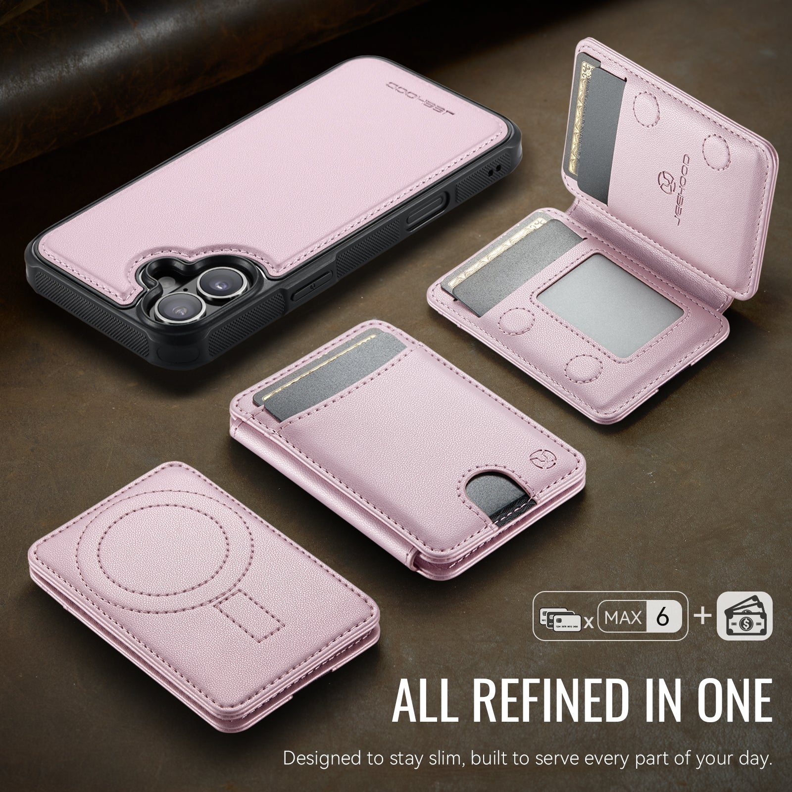 For iPhone 16 Case JEEHOOD J10  Compatible with MagSafe Leather Back Phone Cover with Detachable Card Holder Kickstand