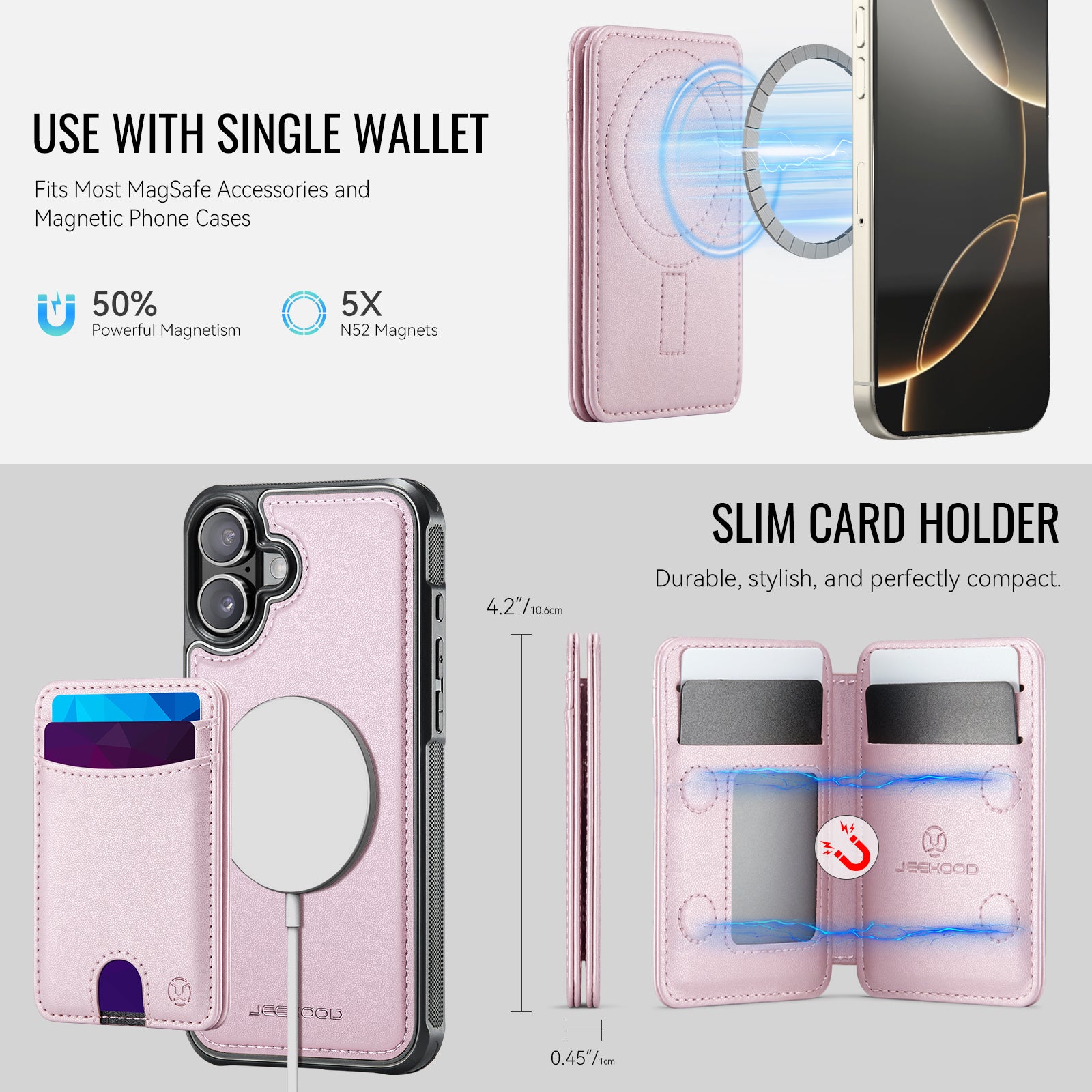 For iPhone 16 Case JEEHOOD J10  Compatible with MagSafe Leather Back Phone Cover with Detachable Card Holder Kickstand