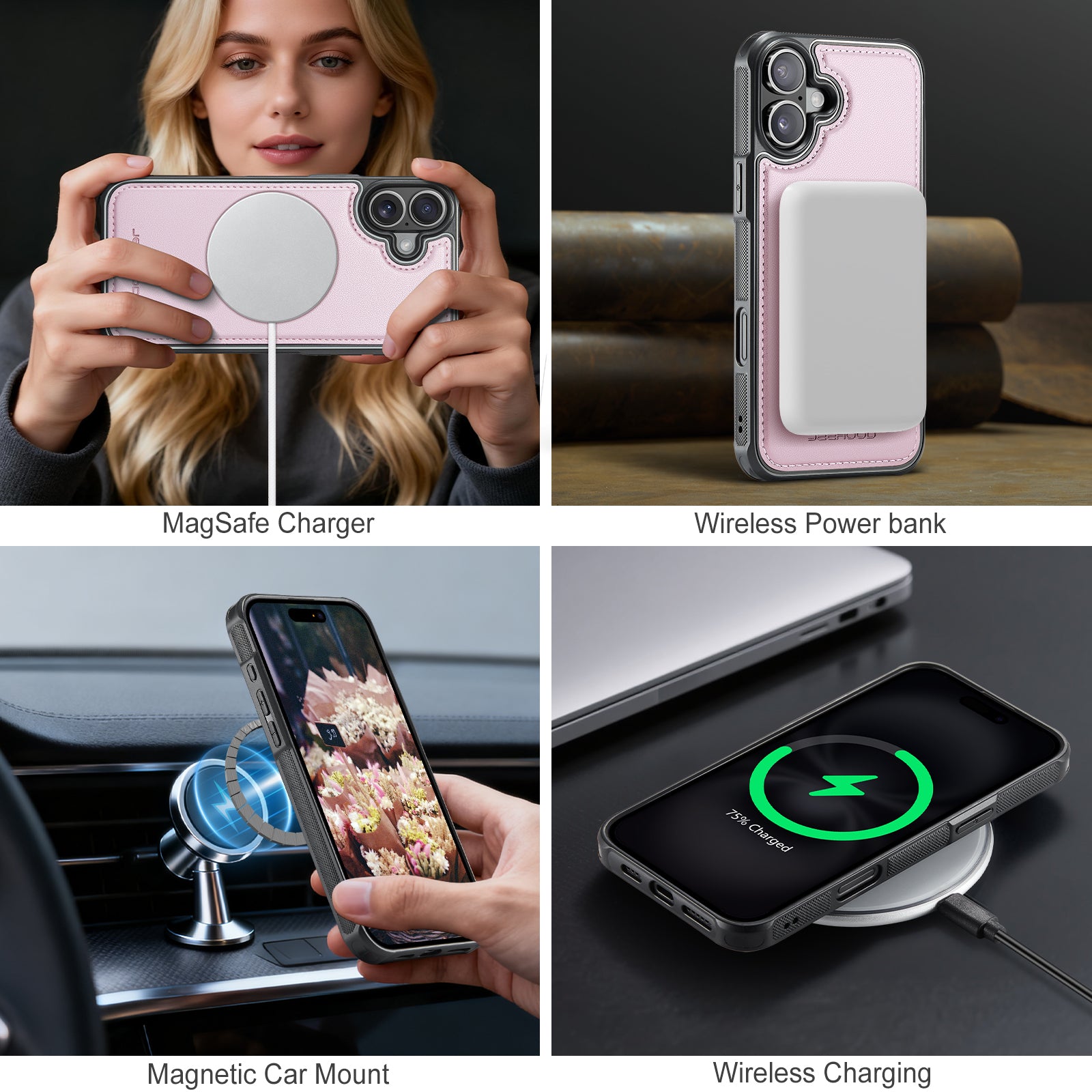 For iPhone 16 Case JEEHOOD J10  Compatible with MagSafe Leather Back Phone Cover with Detachable Card Holder Kickstand