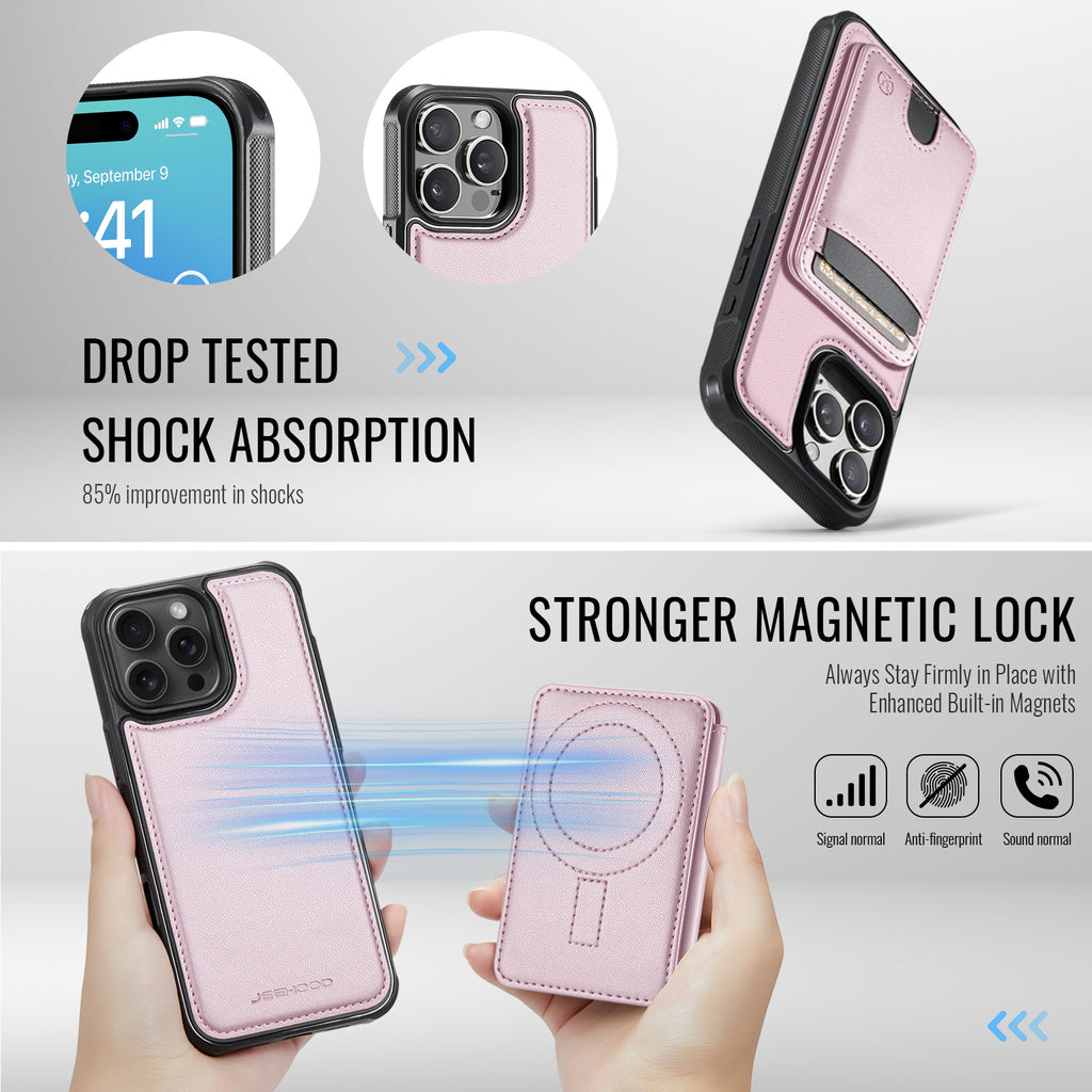 For iPhone 16 Pro Max Case JEEHOOD J10  Compatible with MagSafe Leather Back Phone Cover with Detachable Card Holder Kickstand