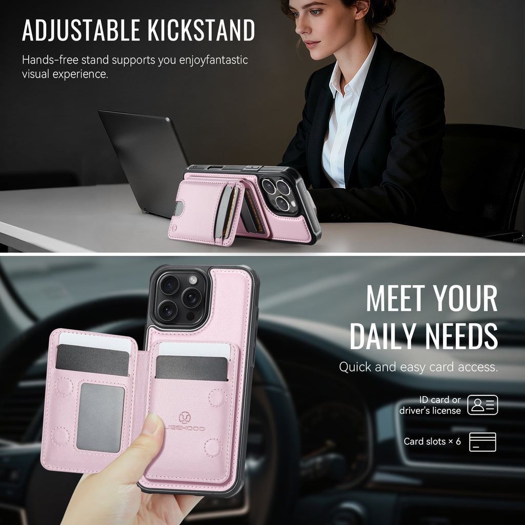 For iPhone 16 Pro Max Case JEEHOOD J10  Compatible with MagSafe Leather Back Phone Cover with Detachable Card Holder Kickstand