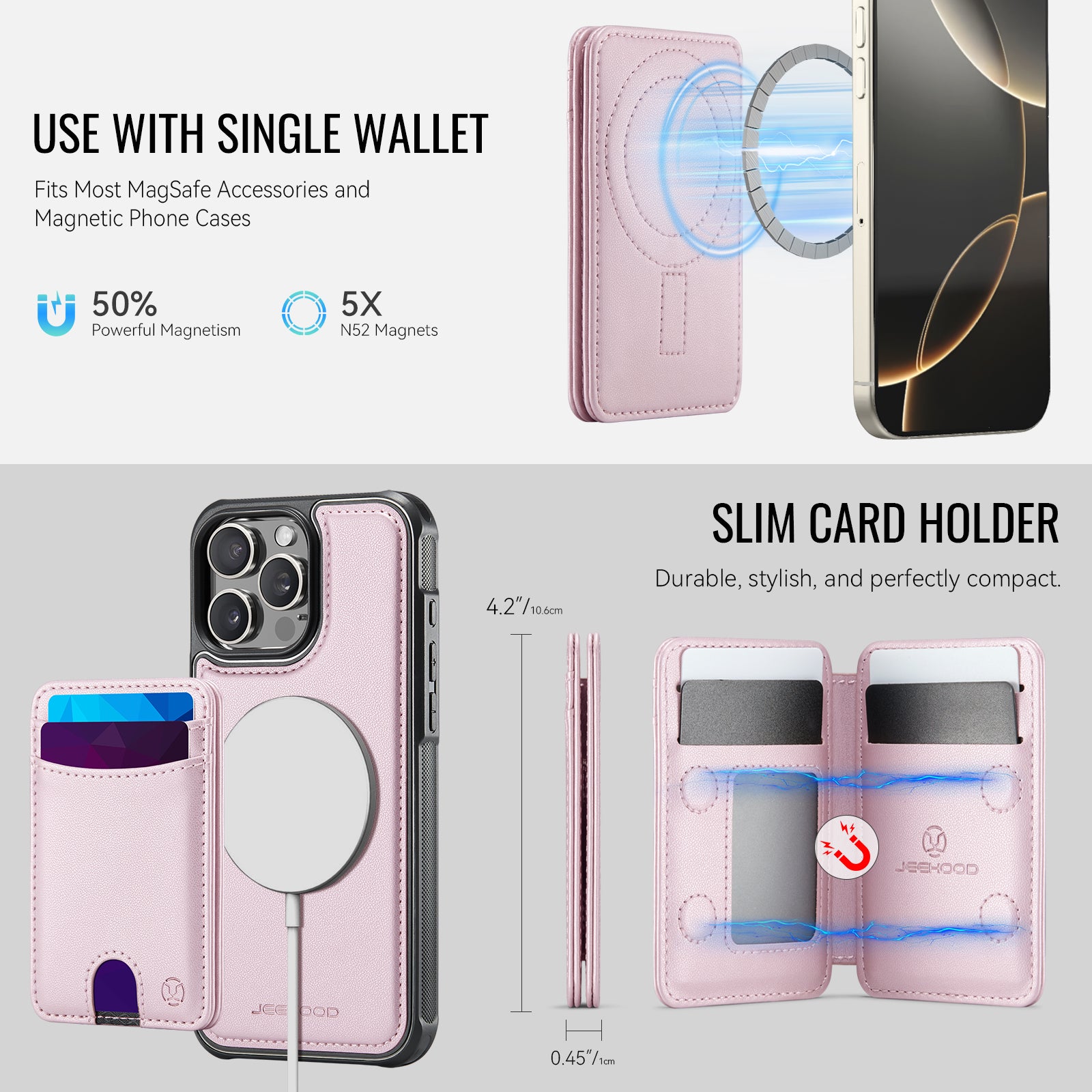 For iPhone 16 Pro Max Case JEEHOOD J10  Compatible with MagSafe Leather Back Phone Cover with Detachable Card Holder Kickstand