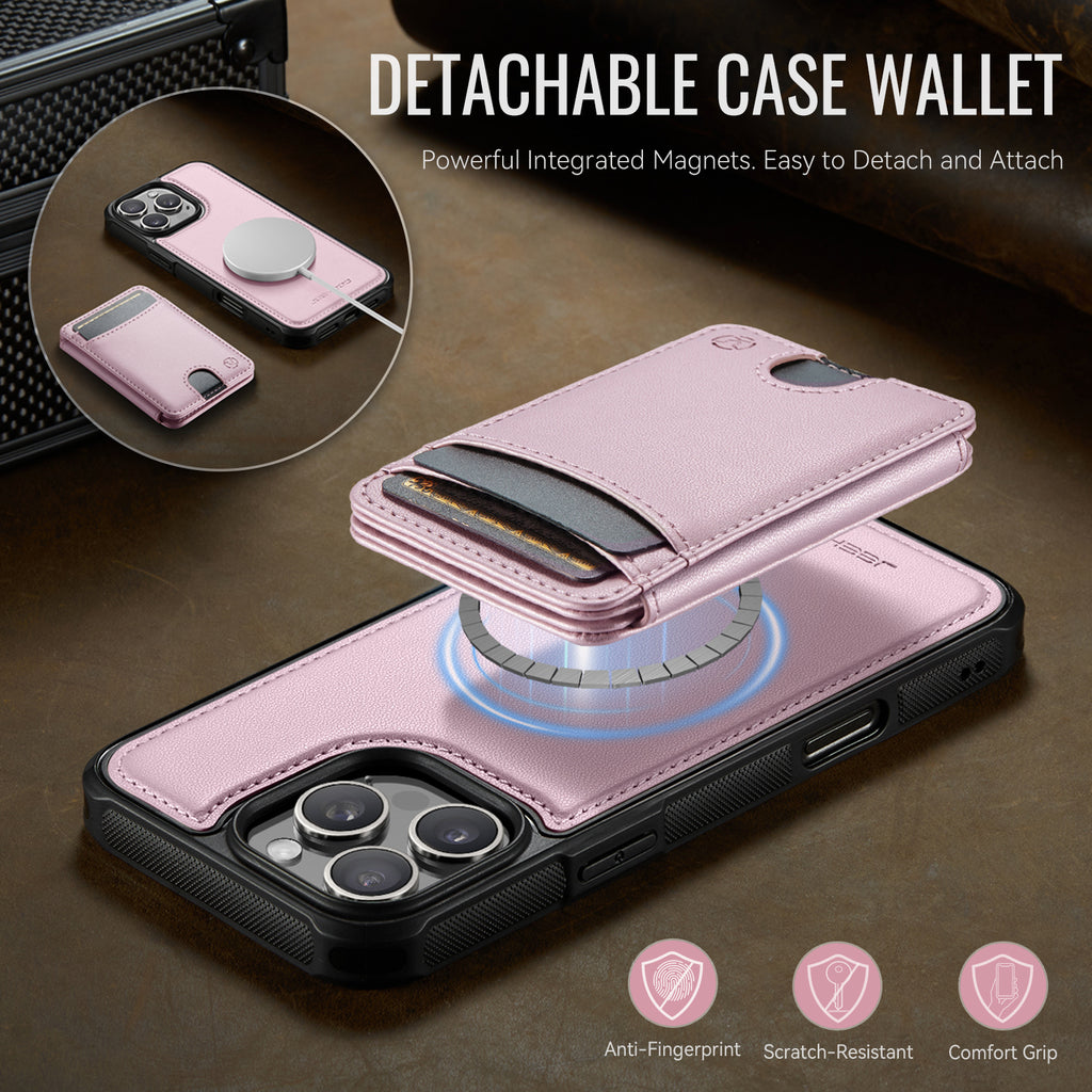 For iPhone 16 Pro Max Case JEEHOOD J10  Compatible with MagSafe Leather Back Phone Cover with Detachable Card Holder Kickstand