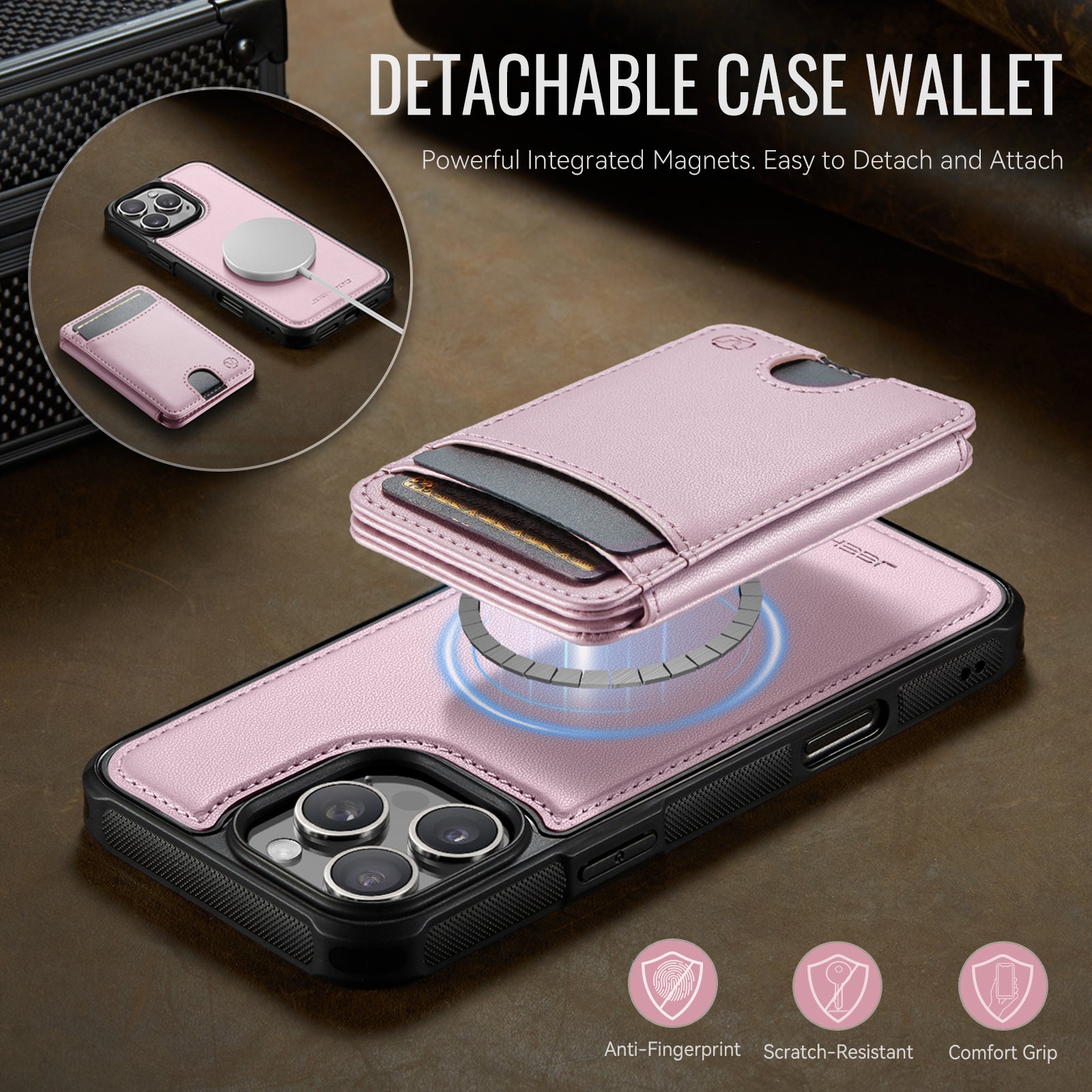 For iPhone 16 Pro Max Case JEEHOOD J10  Compatible with MagSafe Leather Back Phone Cover with Detachable Card Holder Kickstand