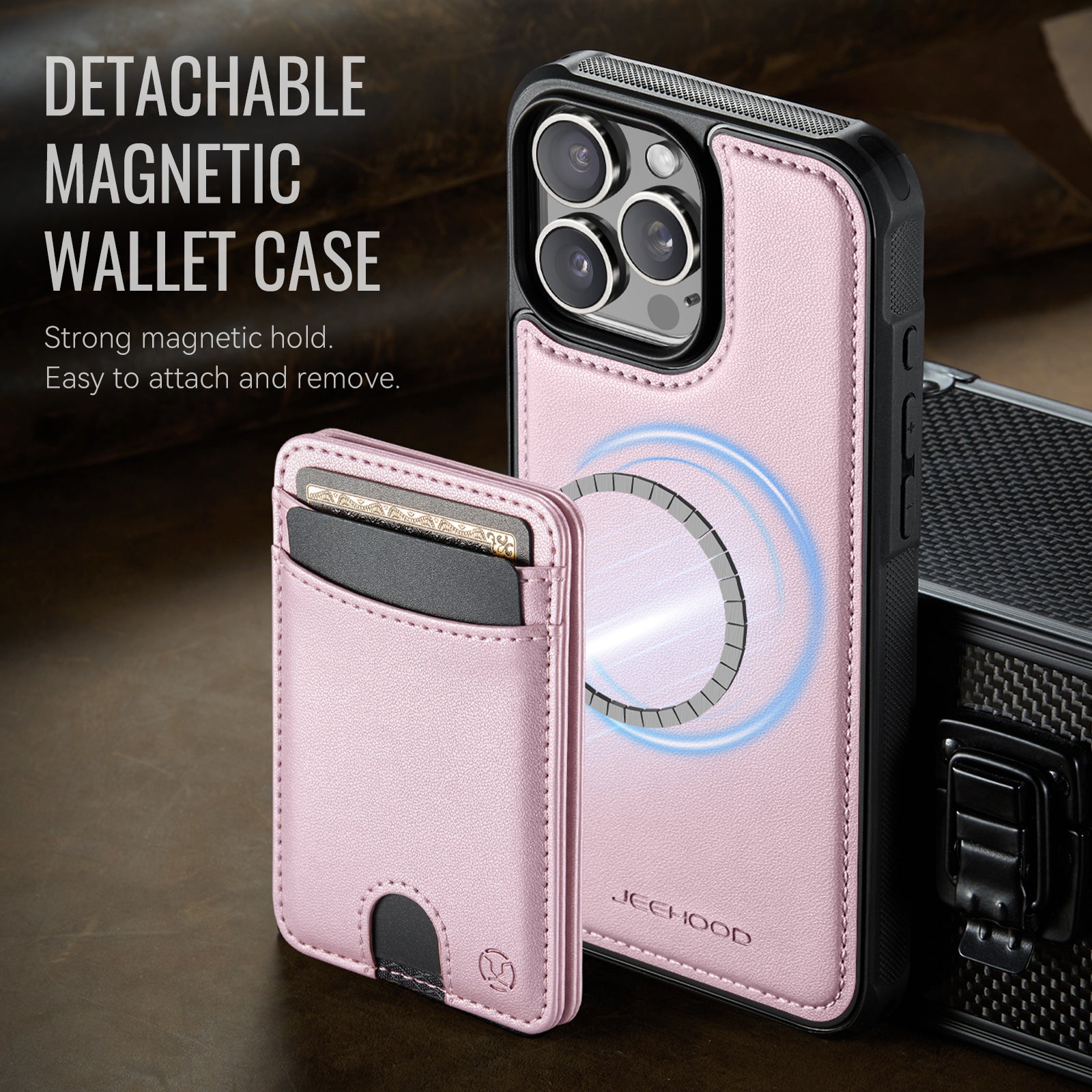 For iPhone 16 Pro Max Case JEEHOOD J10  Compatible with MagSafe Leather Back Phone Cover with Detachable Card Holder Kickstand