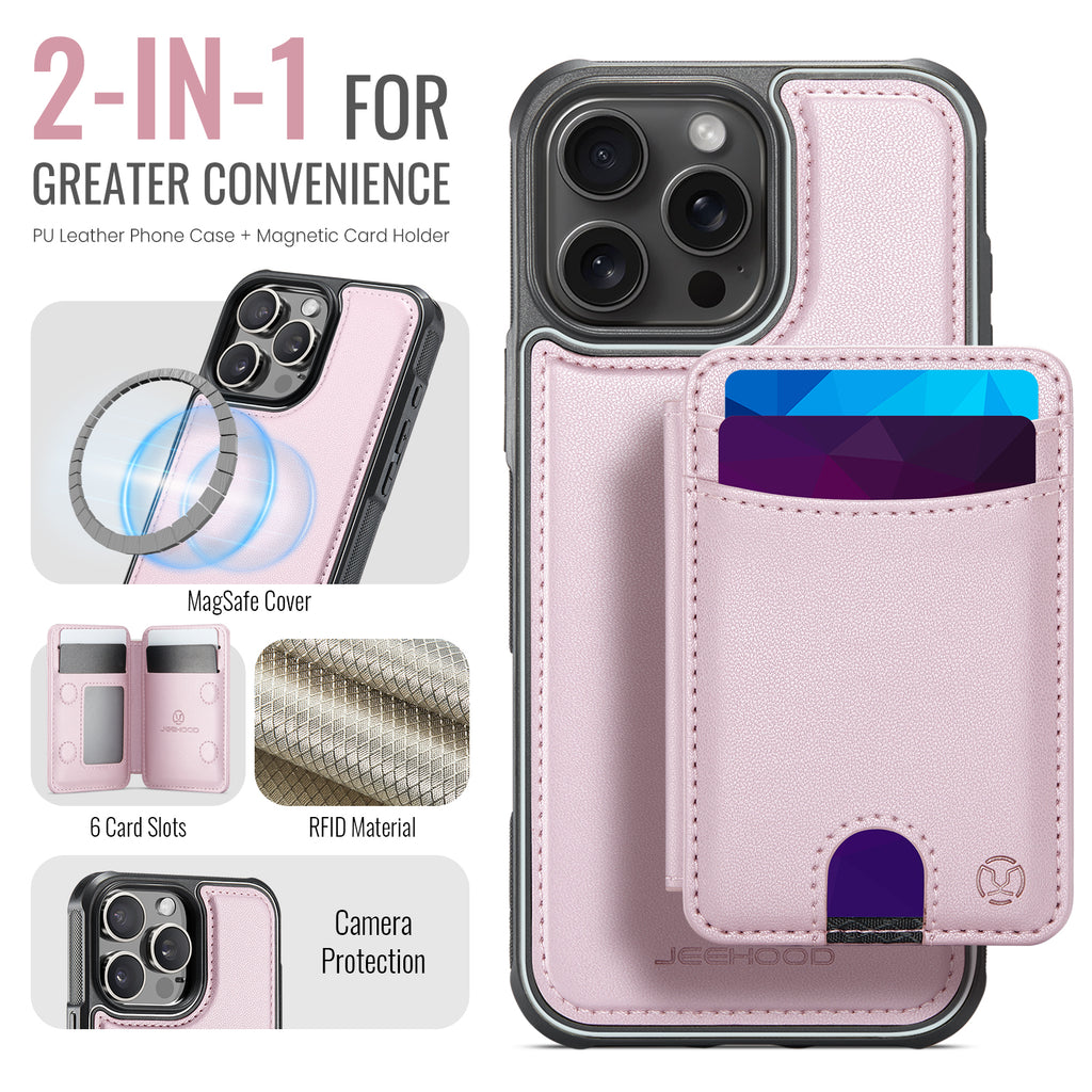 For iPhone 16 Pro Case JEEHOOD J10  Compatible with MagSafe Leather Back Phone Cover with Detachable Card Holder Kickstand