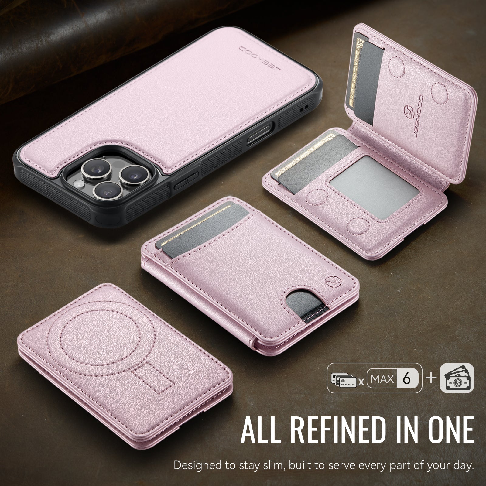 For iPhone 16 Pro Case JEEHOOD J10  Compatible with MagSafe Leather Back Phone Cover with Detachable Card Holder Kickstand