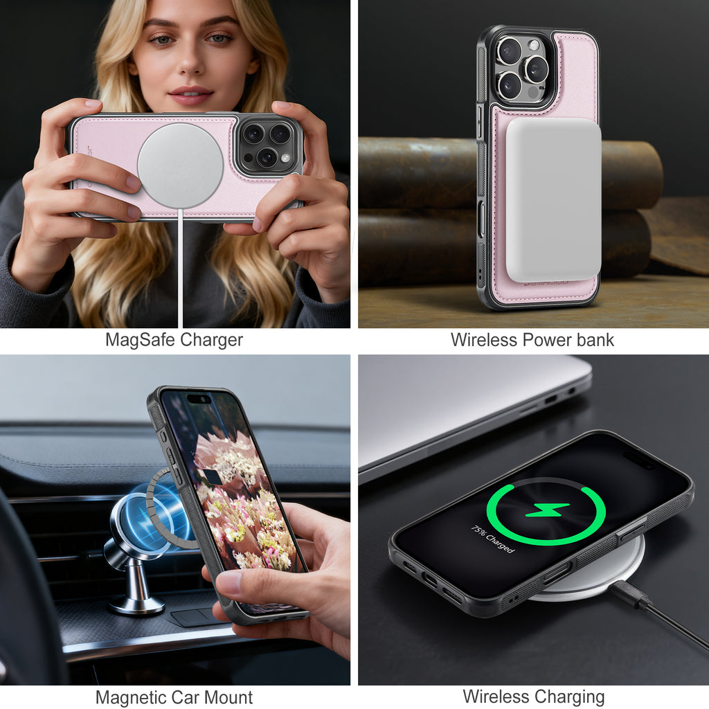 For iPhone 16 Pro Case JEEHOOD J10  Compatible with MagSafe Leather Back Phone Cover with Detachable Card Holder Kickstand