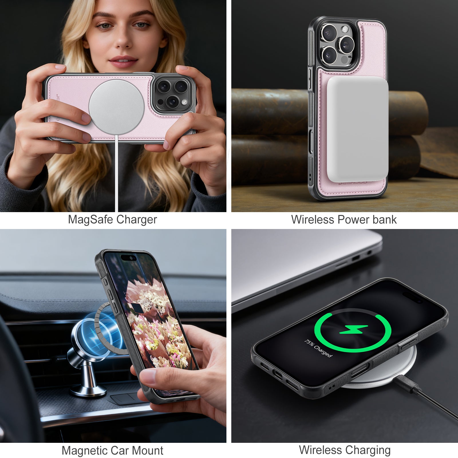 For iPhone 16 Pro Case JEEHOOD J10  Compatible with MagSafe Leather Back Phone Cover with Detachable Card Holder Kickstand