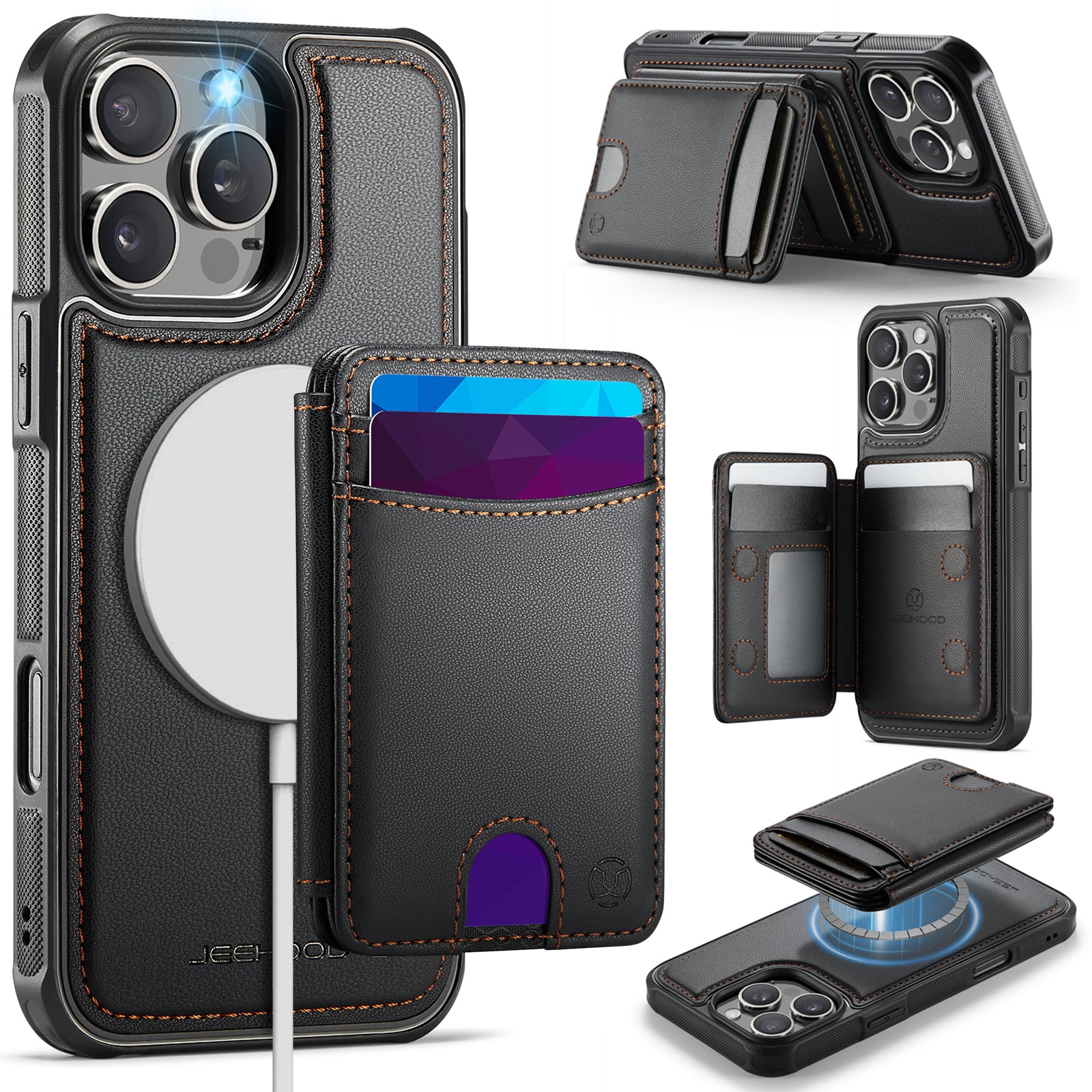 For iPhone 16 Pro Case JEEHOOD J10  Compatible with MagSafe Leather Back Phone Cover with Detachable Card Holder Kickstand