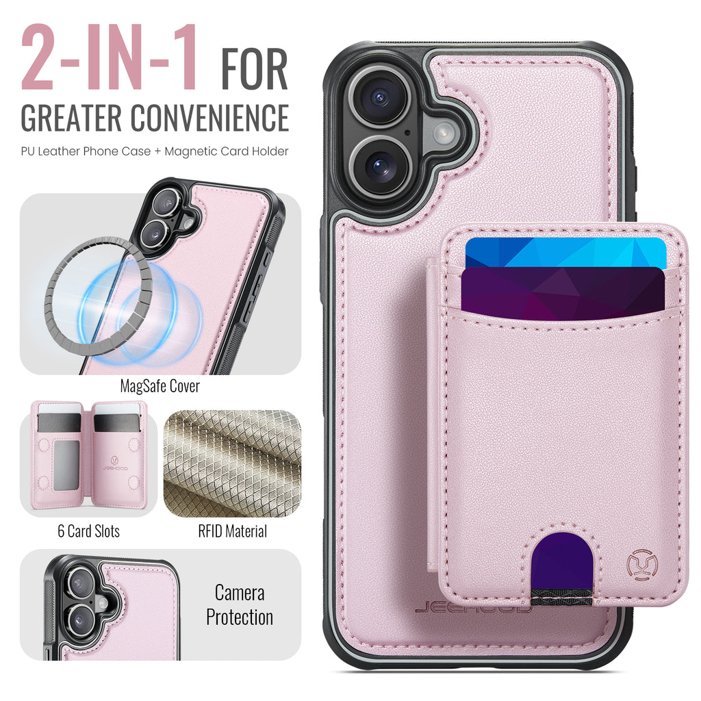 For iPhone 16 Plus Case JEEHOOD J10  Compatible with MagSafe Leather Back Phone Cover with Detachable Card Holder Kickstand