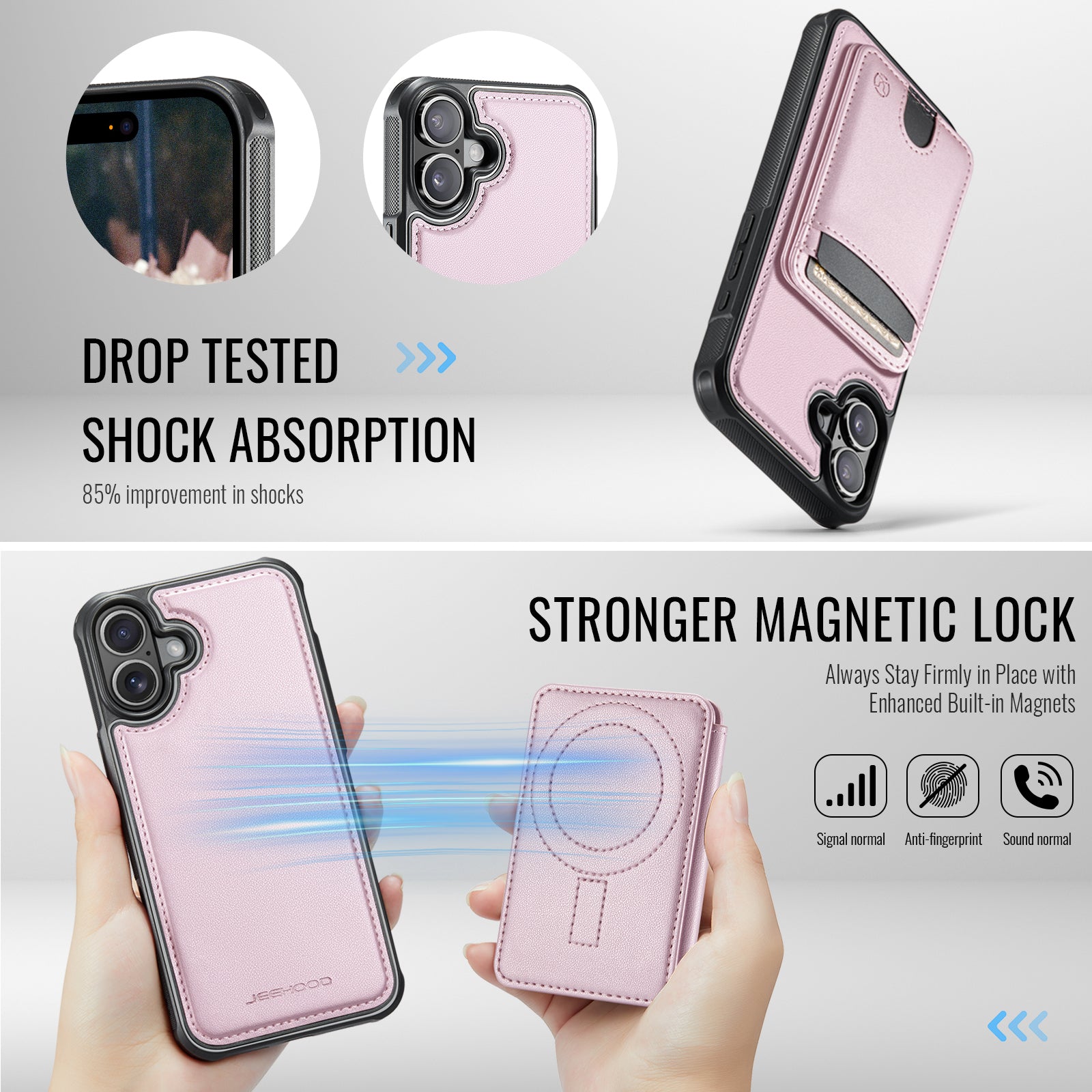 For iPhone 16 Plus Case JEEHOOD J10  Compatible with MagSafe Leather Back Phone Cover with Detachable Card Holder Kickstand