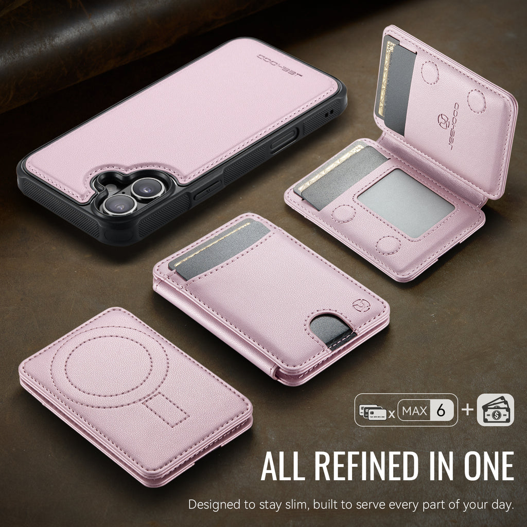 For iPhone 16 Plus Case JEEHOOD J10  Compatible with MagSafe Leather Back Phone Cover with Detachable Card Holder Kickstand