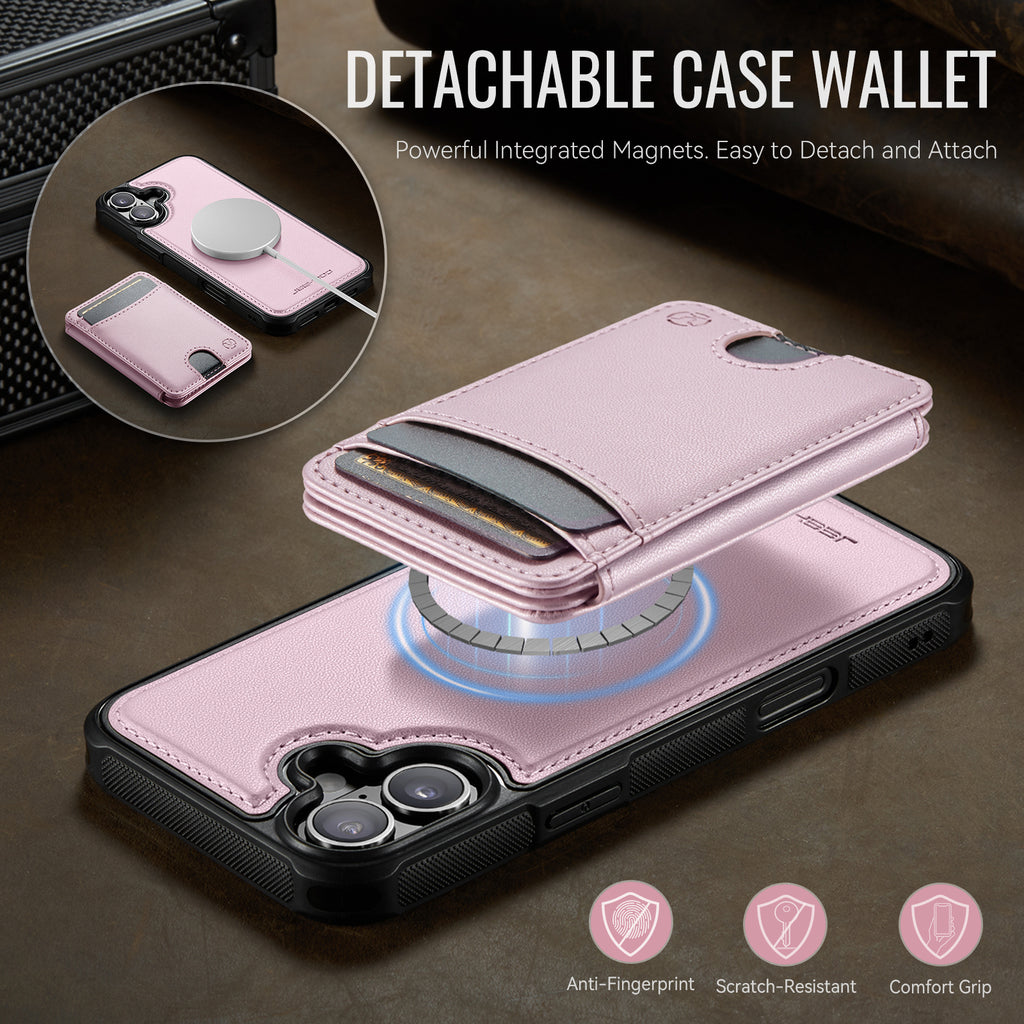For iPhone 16 Plus Case JEEHOOD J10  Compatible with MagSafe Leather Back Phone Cover with Detachable Card Holder Kickstand