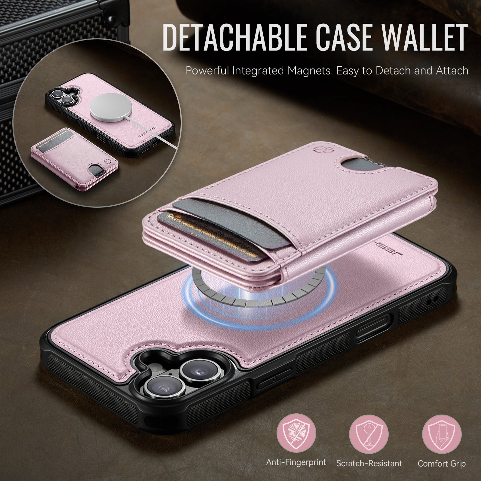 For iPhone 16 Plus Case JEEHOOD J10  Compatible with MagSafe Leather Back Phone Cover with Detachable Card Holder Kickstand