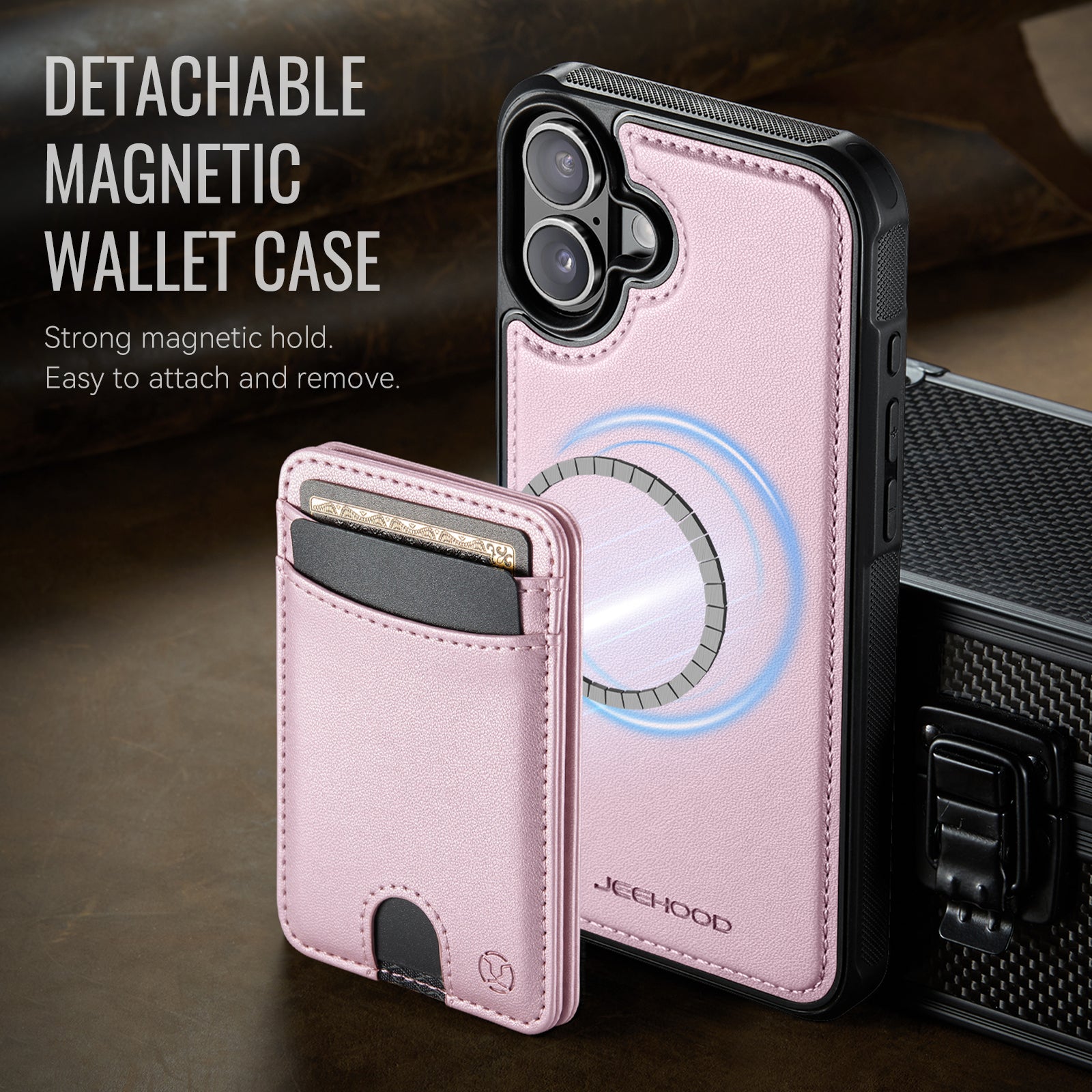 For iPhone 16 Plus Case JEEHOOD J10  Compatible with MagSafe Leather Back Phone Cover with Detachable Card Holder Kickstand
