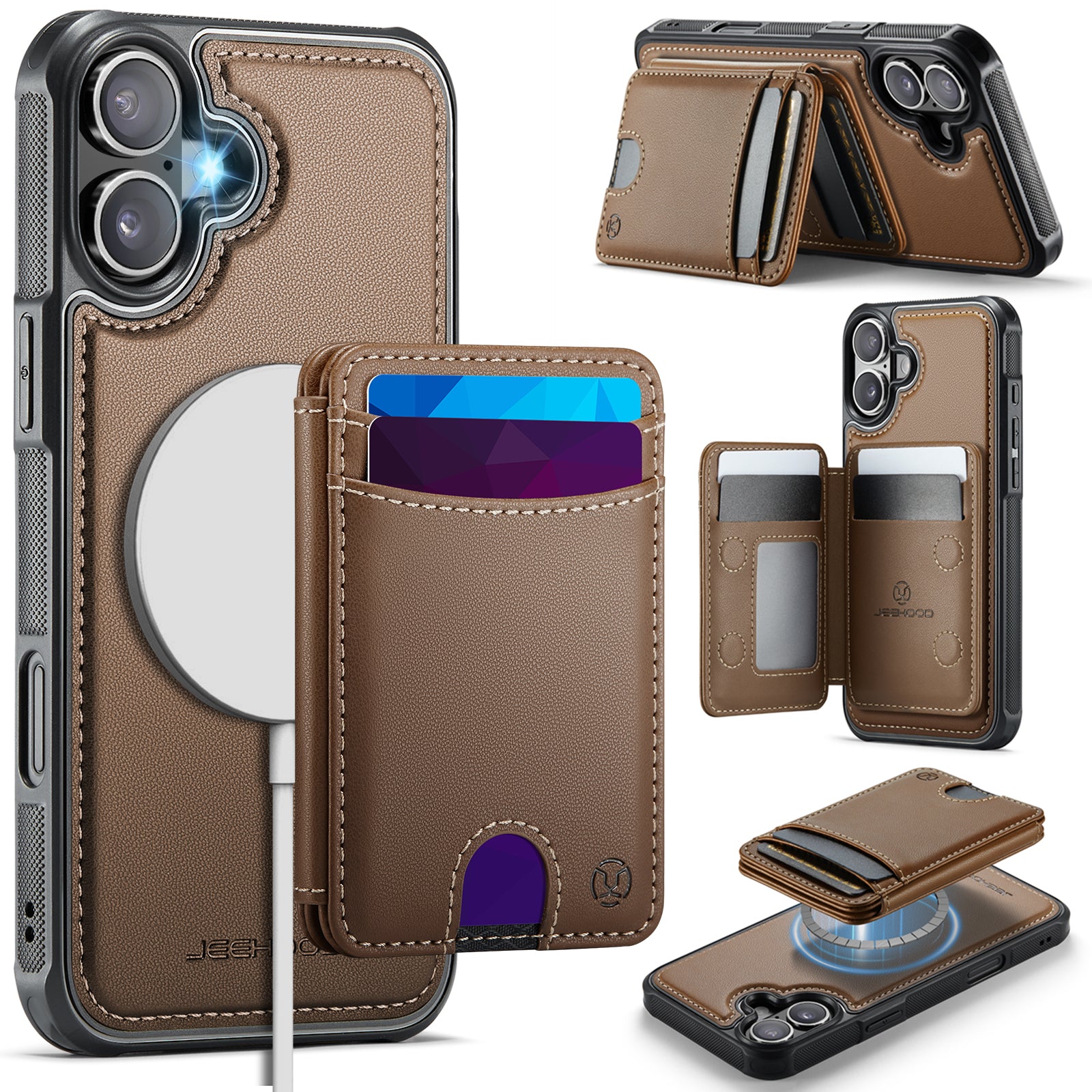 For iPhone 16 Plus Case JEEHOOD J10  Compatible with MagSafe Leather Back Phone Cover with Detachable Card Holder Kickstand