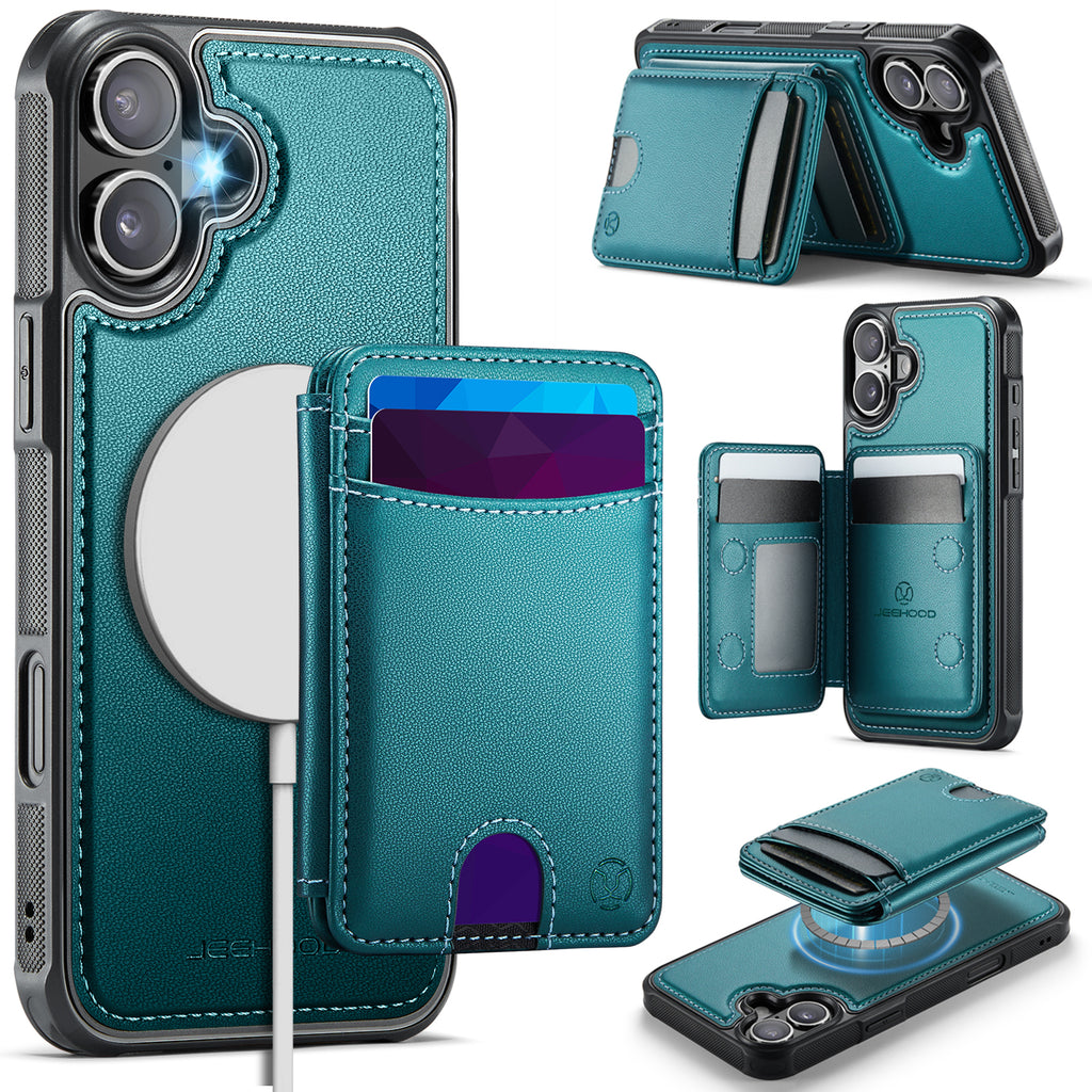 For iPhone 16 Plus Case JEEHOOD J10  Compatible with MagSafe Leather Back Phone Cover with Detachable Card Holder Kickstand