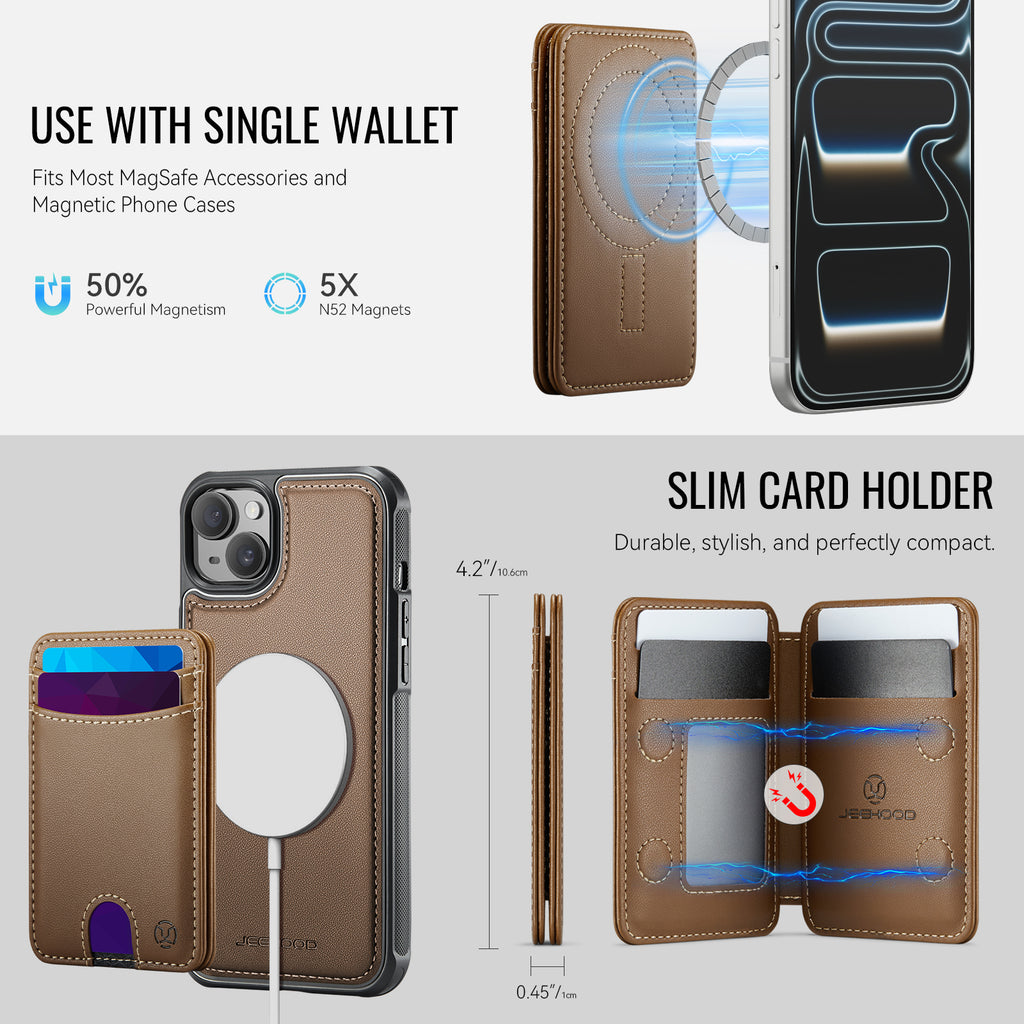 Étui JEEHOOD J10 pour iPhone 15, compatible MagSafe, avec support intégré et porte-cartes amovible.