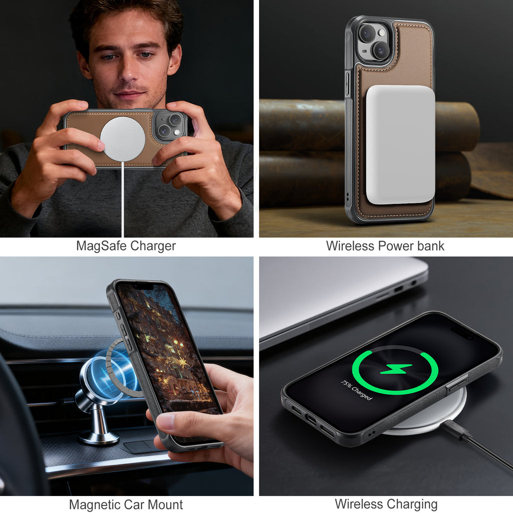 Étui JEEHOOD J10 pour iPhone 15, compatible MagSafe, avec support intégré et porte-cartes amovible.