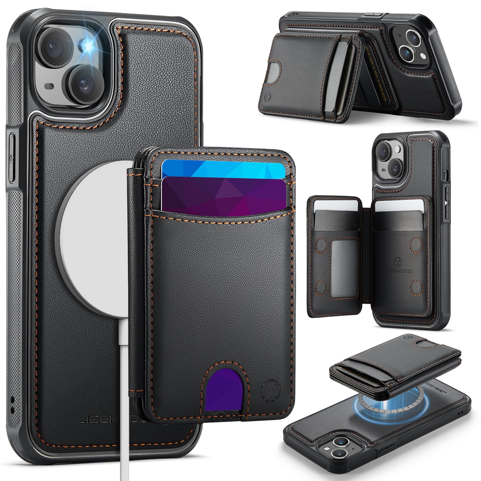 For iPhone 15 Case JEEHOOD J10  Compatible with MagSafe Leather Back Phone Cover with Detachable Card Holder Kickstand