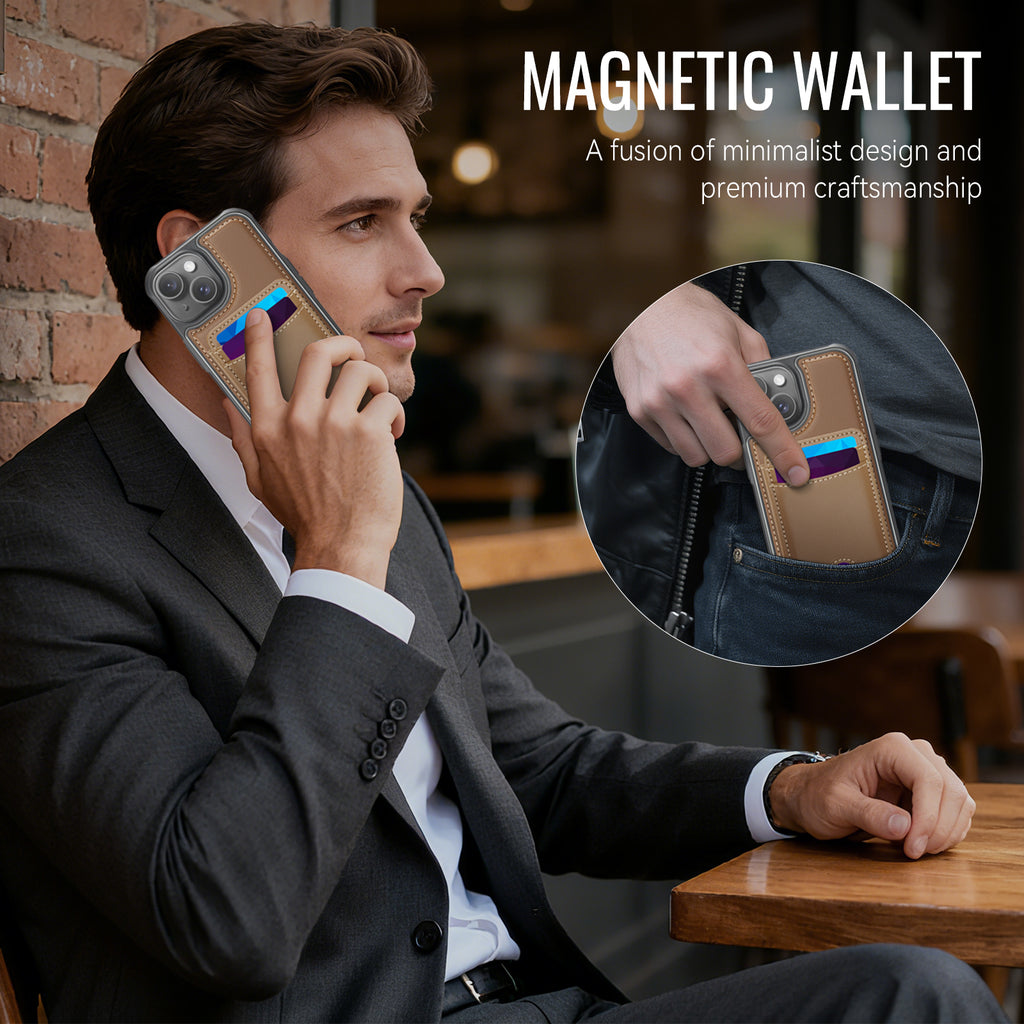 Étui JEEHOOD J10 pour iPhone 14 Plus, compatible MagSafe, en cuir avec porte-cartes amovible et support intégré.