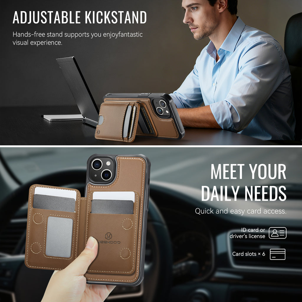 Étui JEEHOOD J10 pour iPhone 14 Plus, compatible MagSafe, en cuir avec porte-cartes amovible et support intégré.