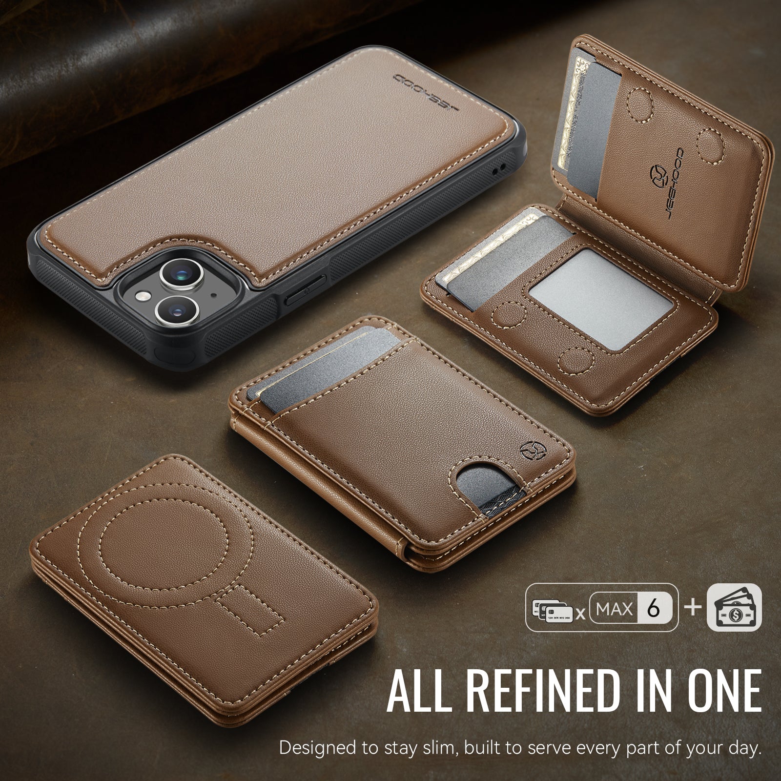 For iPhone 14 Plus Case JEEHOOD J10  Compatible with MagSafe Leather Back Phone Cover with Detachable Card Holder Kickstand